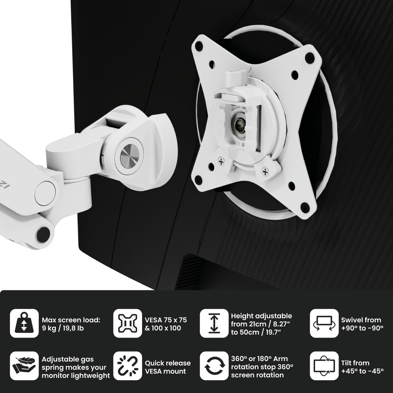 Witte monitorarm met zwart scherm en functies.