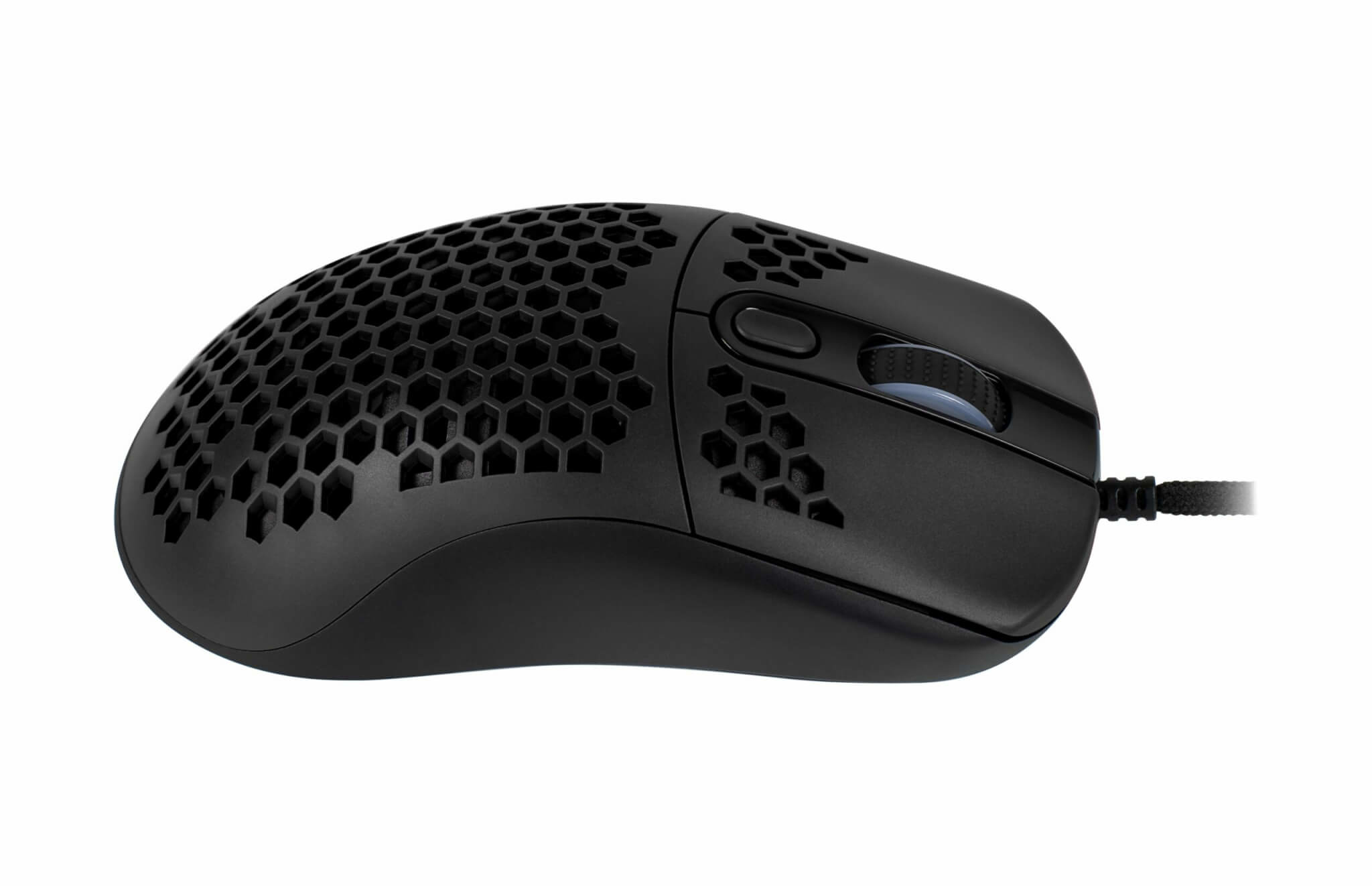 Black gaming mouse with honeycomb pattern and cable.