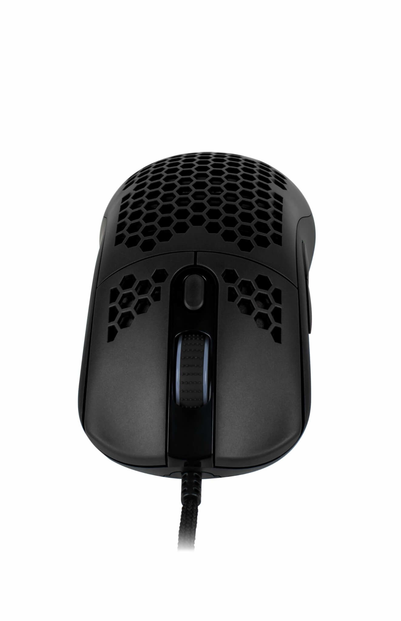 Black gaming mouse with honeycomb pattern and scroll wheel, on a white background.