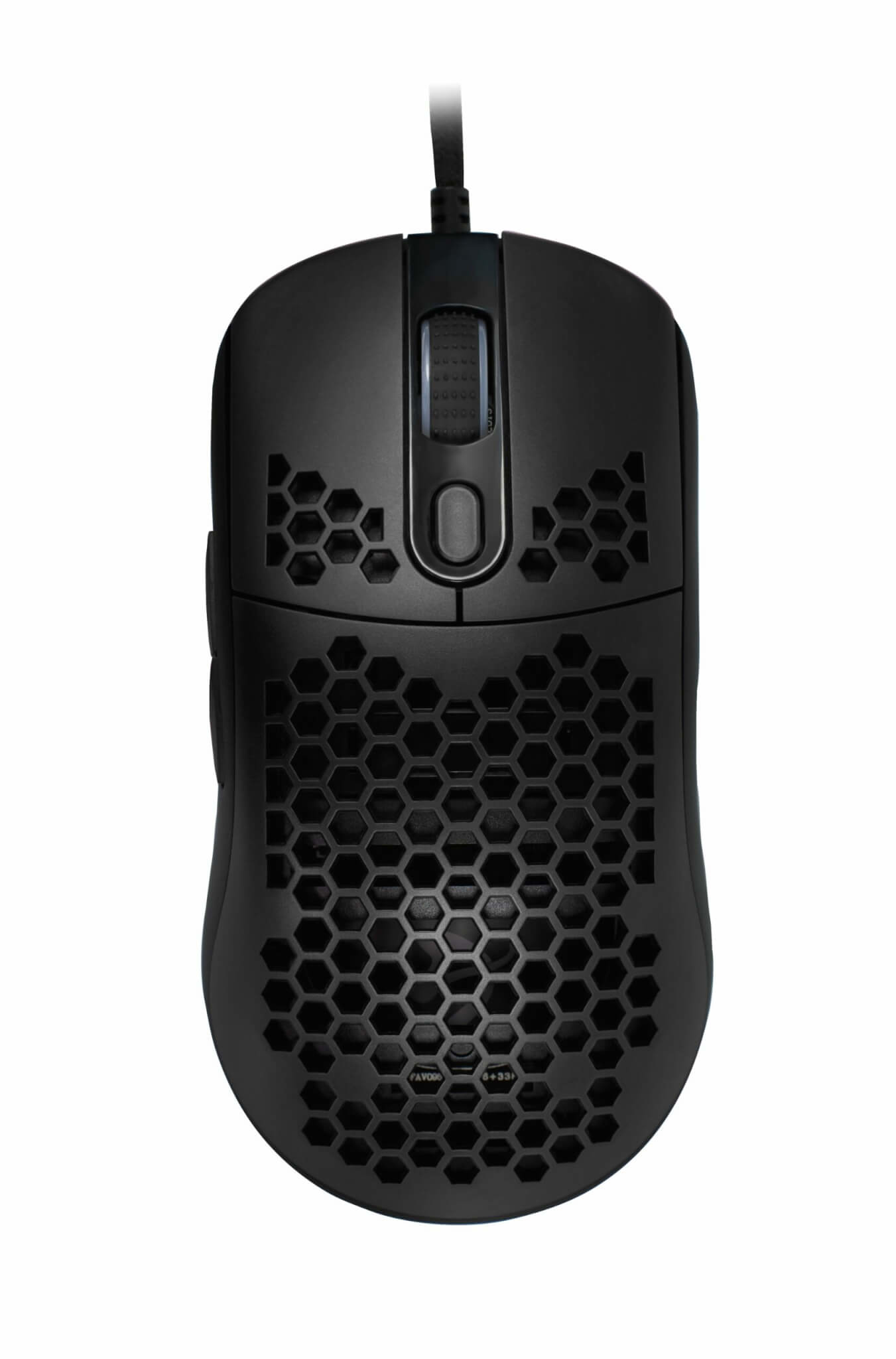 Black computer mouse with honeycomb pattern and scroll wheel.