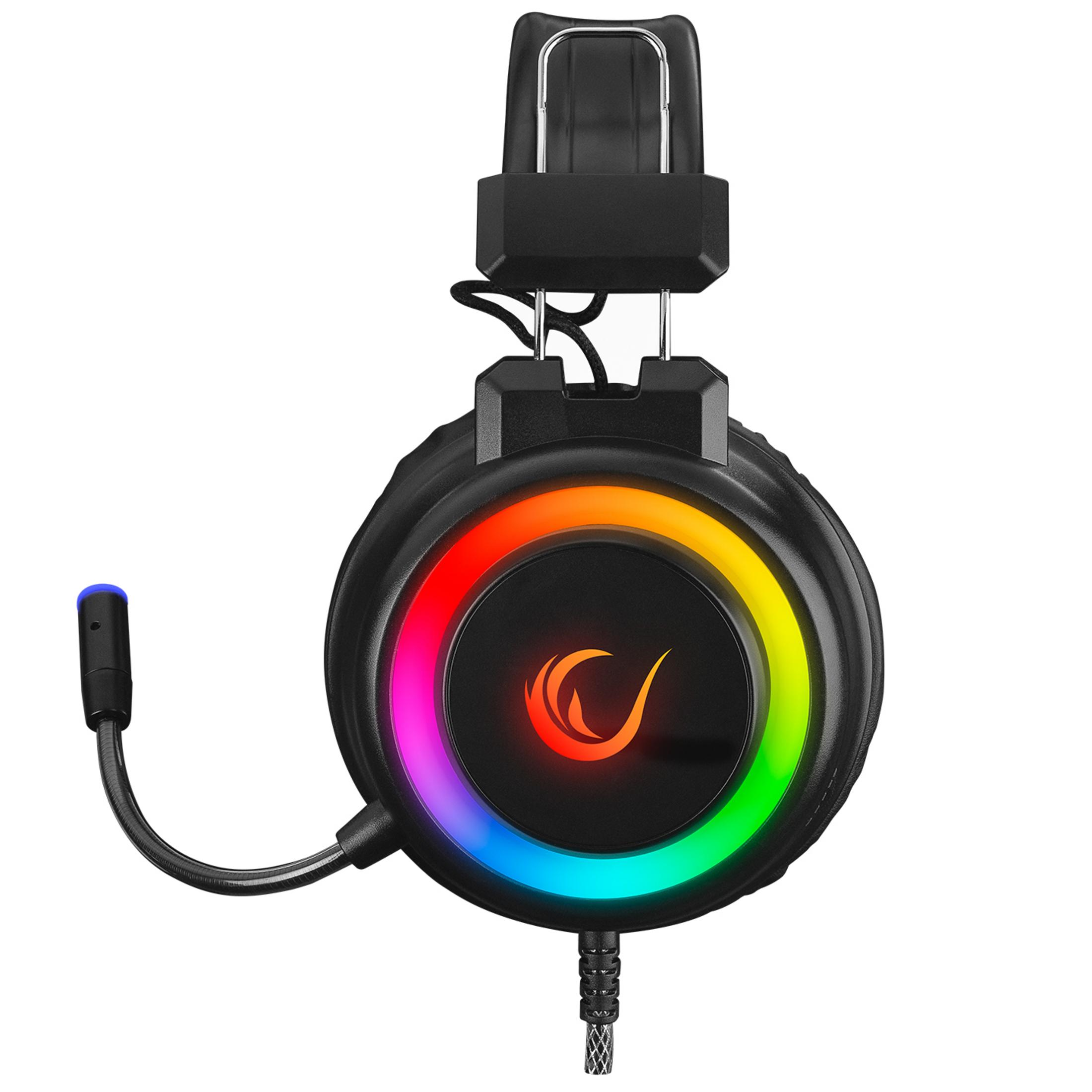 Kulaklıklarda RGB aydınlatmalı siyah oyuncu kulaklığı ve esnek mikrofon.