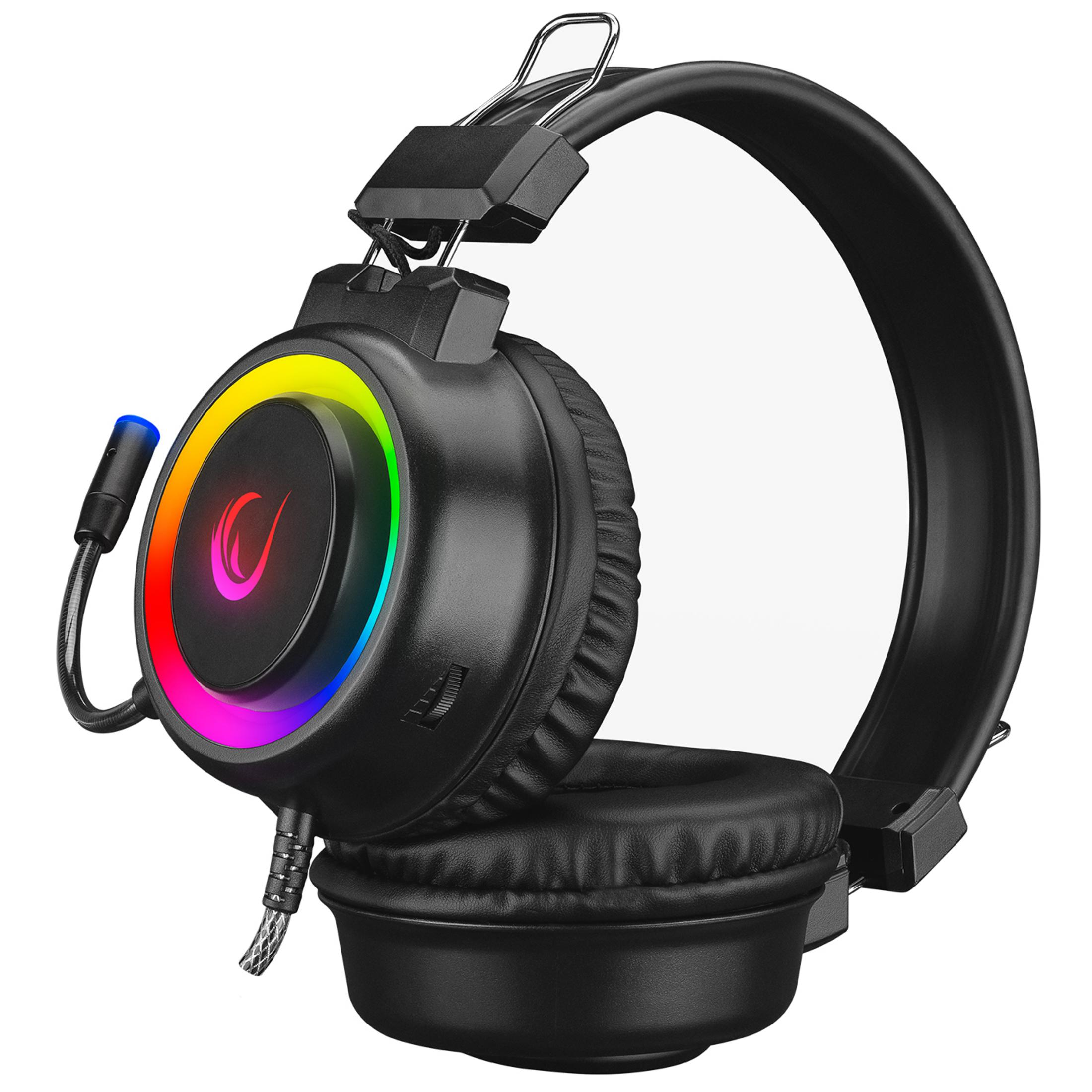 RGB aydınlatmalı ve mikrofonlu siyah oyuncu kulaklığı.