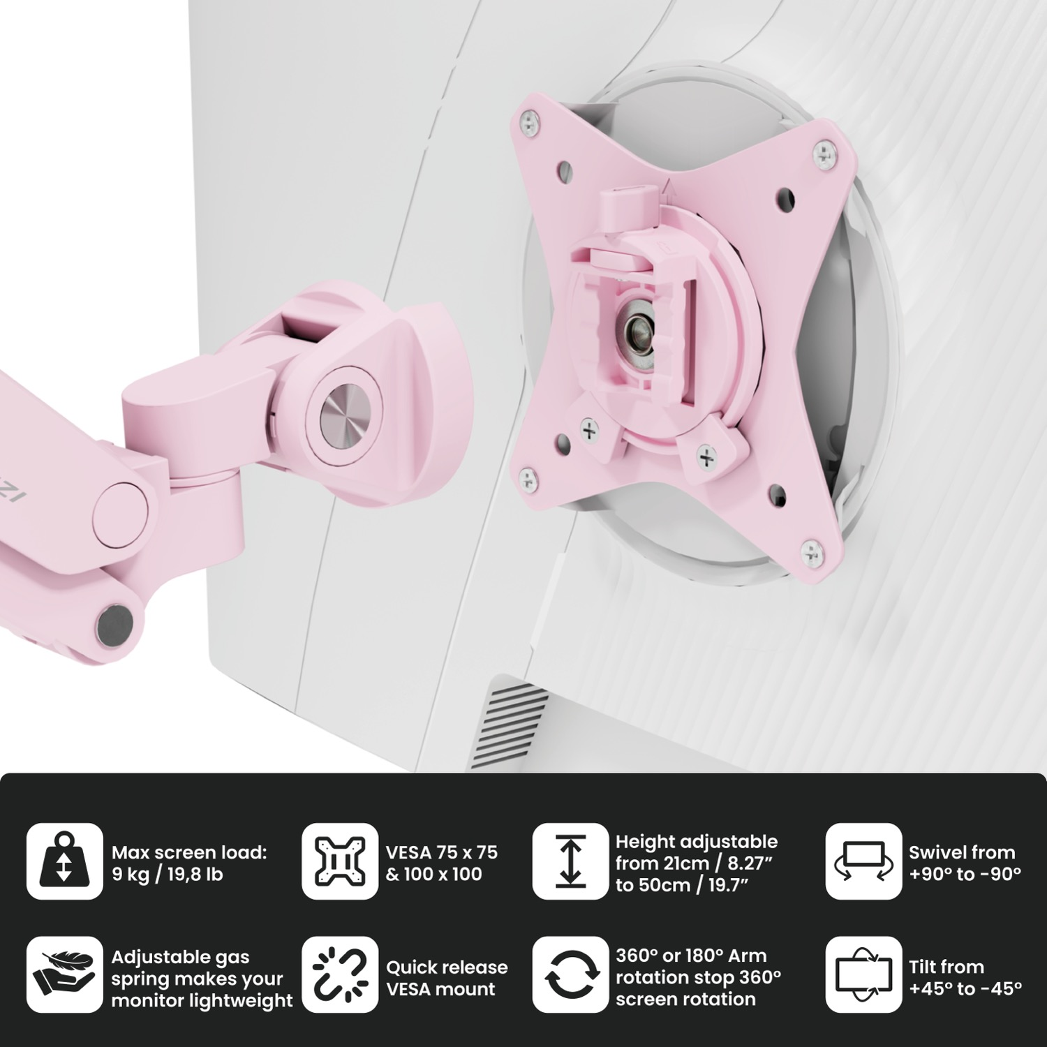 Een roze monitorarm met VESA-bevestiging en instelingspictogrammen.