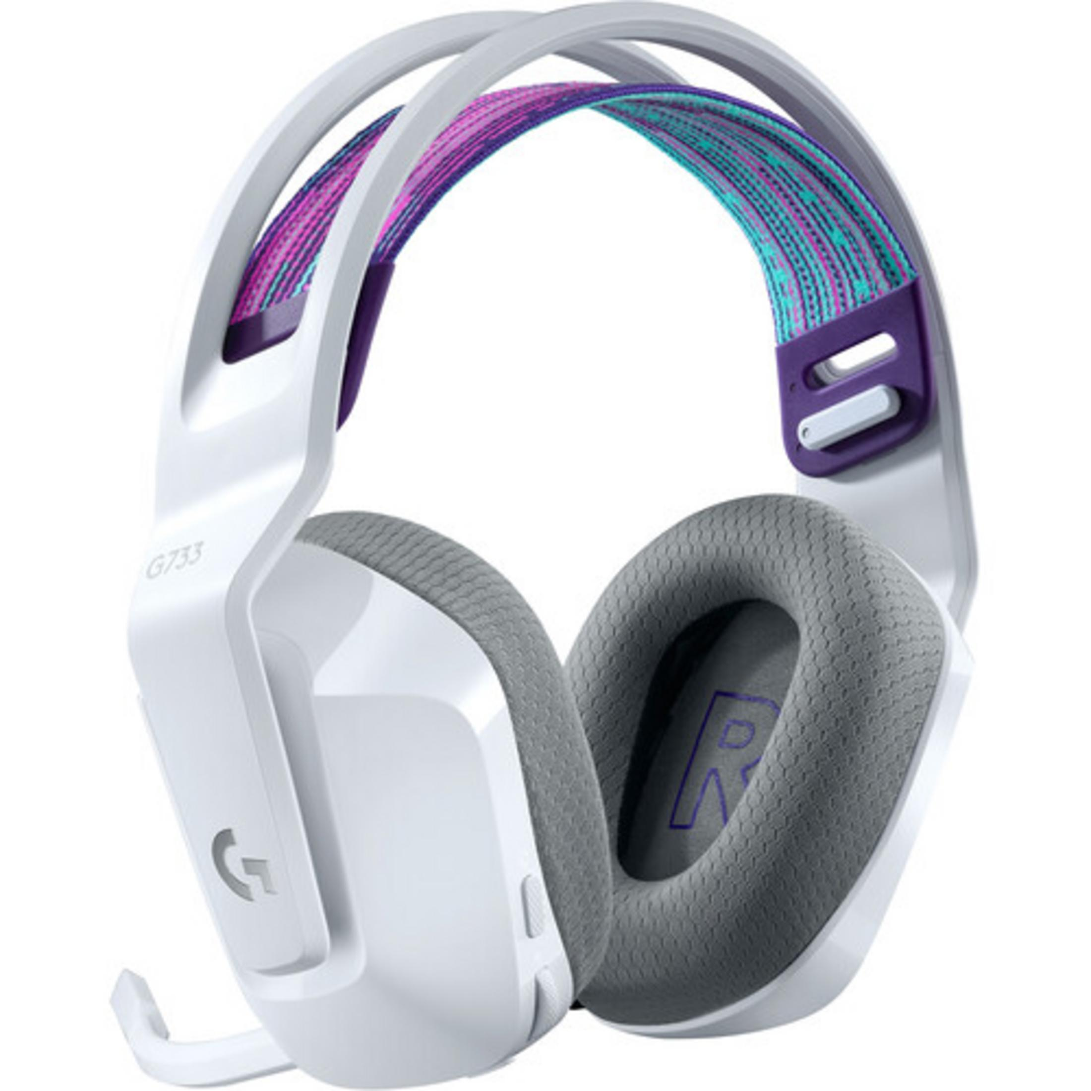 Witte gamingheadset met grijze oorschelpen en kleurrijke hoofdband.