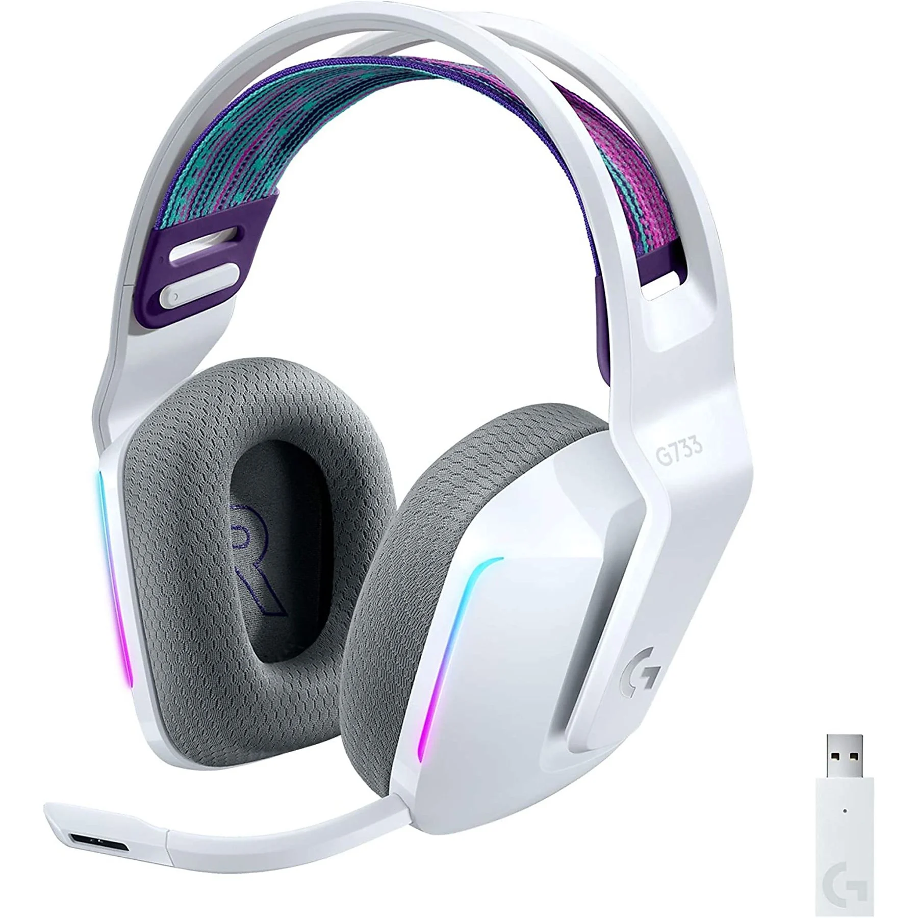 Witte gamingheadset met RGB-verlichting, grijze stof en kleurrijke hoofdband. USB-dongle ernaast.