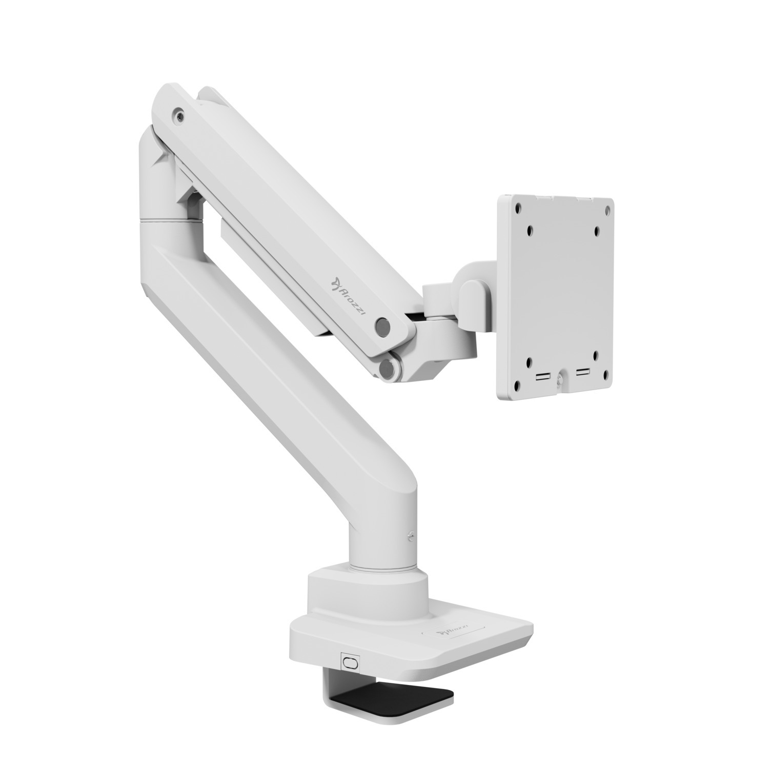 Een witte monitorarm met klem en VESA-plaat op witte achtergrond.
