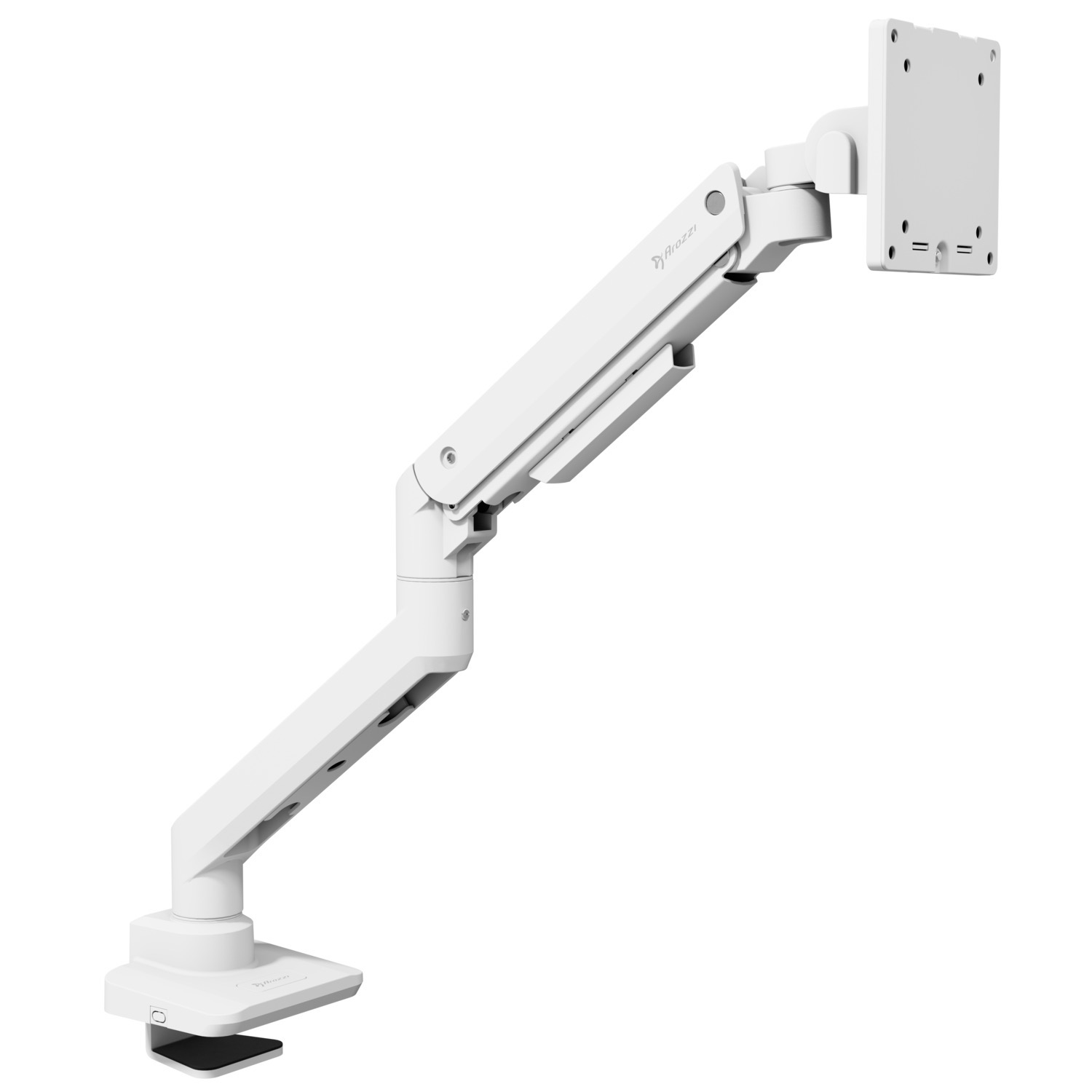 Een witte monitorarm met klemvoet en verstelbare gewrichten.