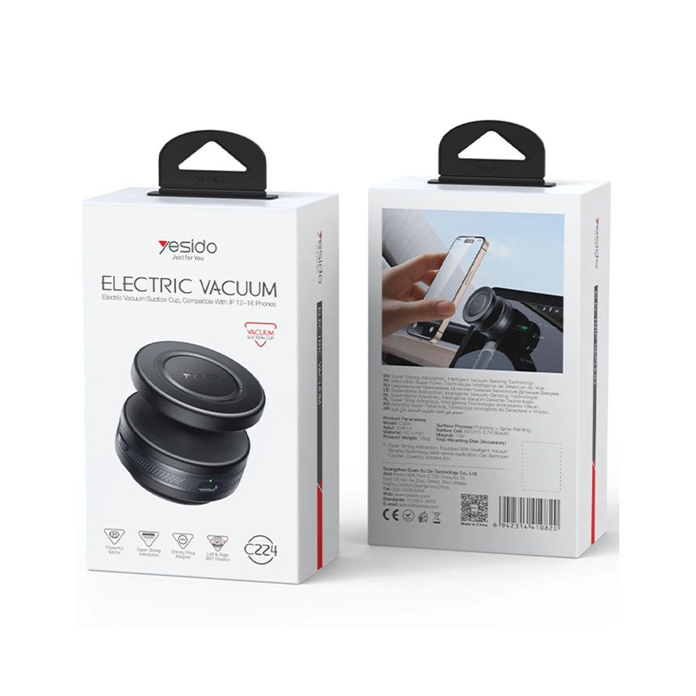 Metin ve resim içeren elektrikli vakumlu telefon tutucu ambalajı.