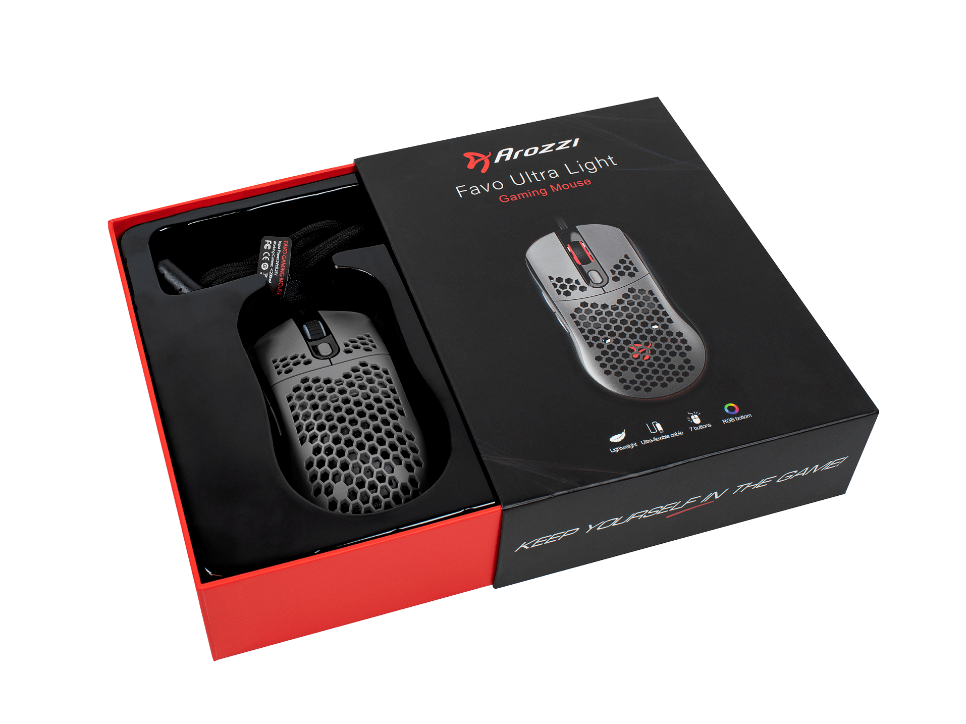 Gray Arozzi Favo Ultra Light gaming mouse in an open box.