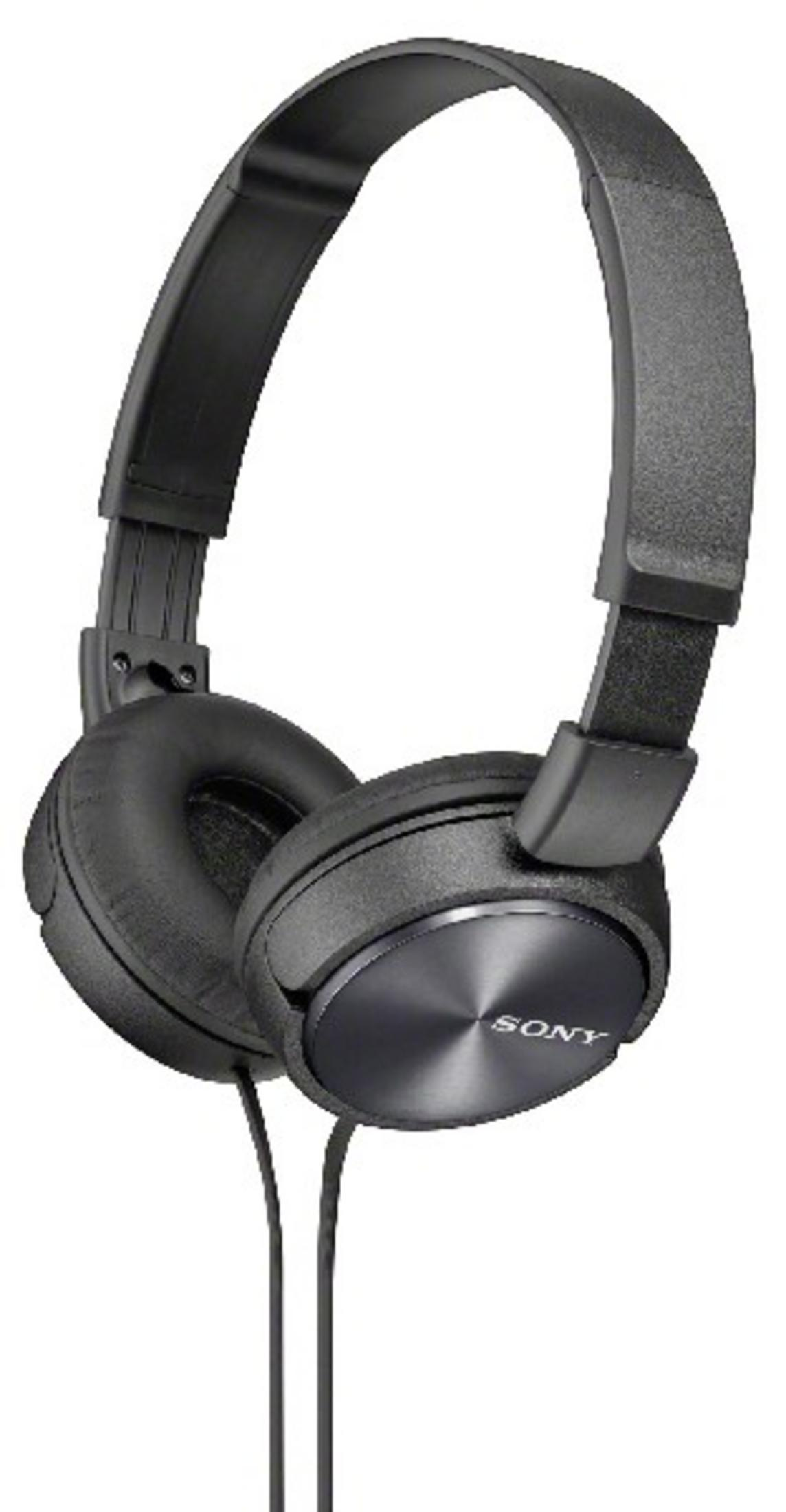 Black Sony headphones with padded earcups and an adjustable headband.