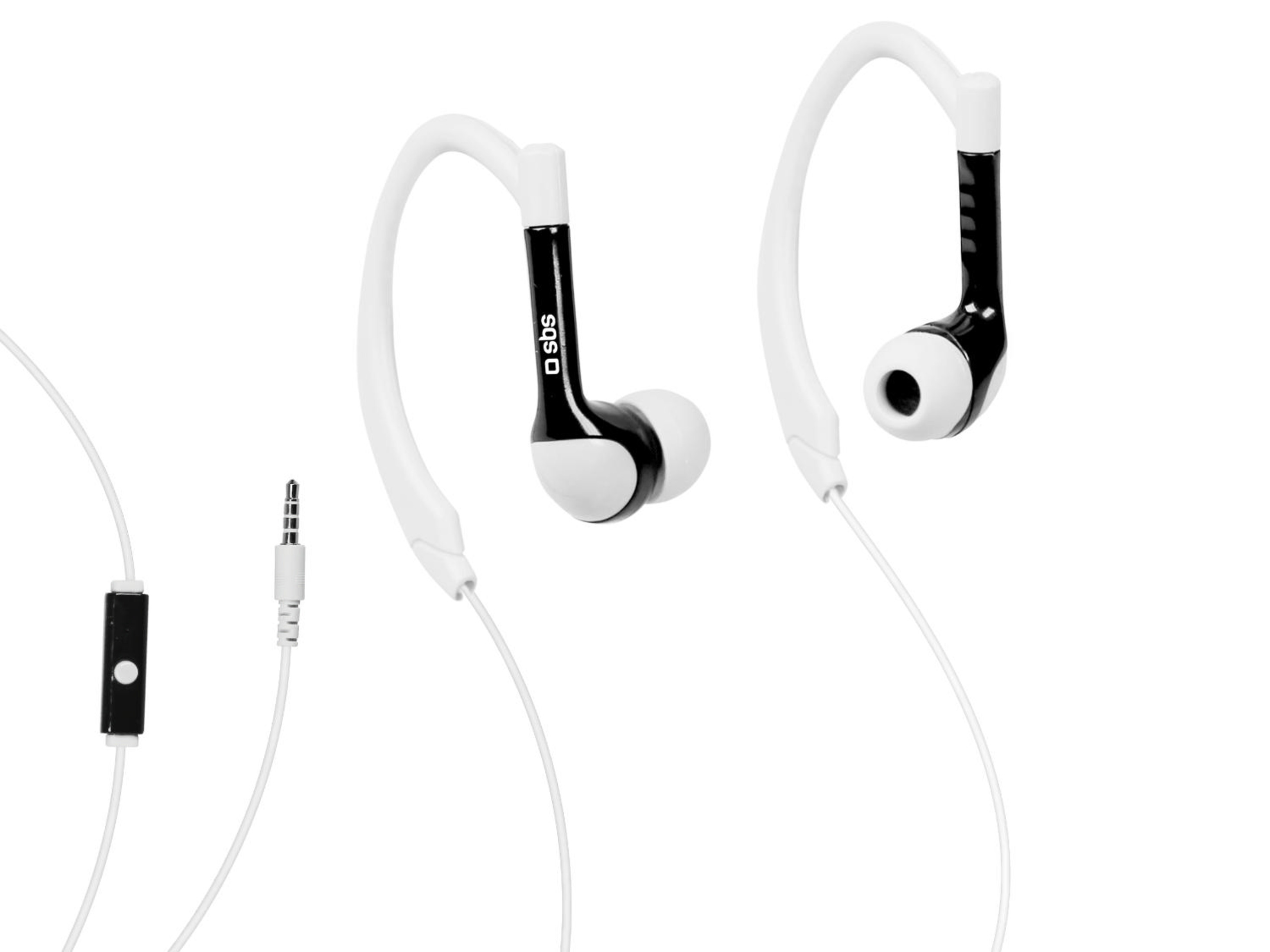 Weiße und schwarze In-Ear-Kopfhörer mit Bügel und Kabelfernbedienung.