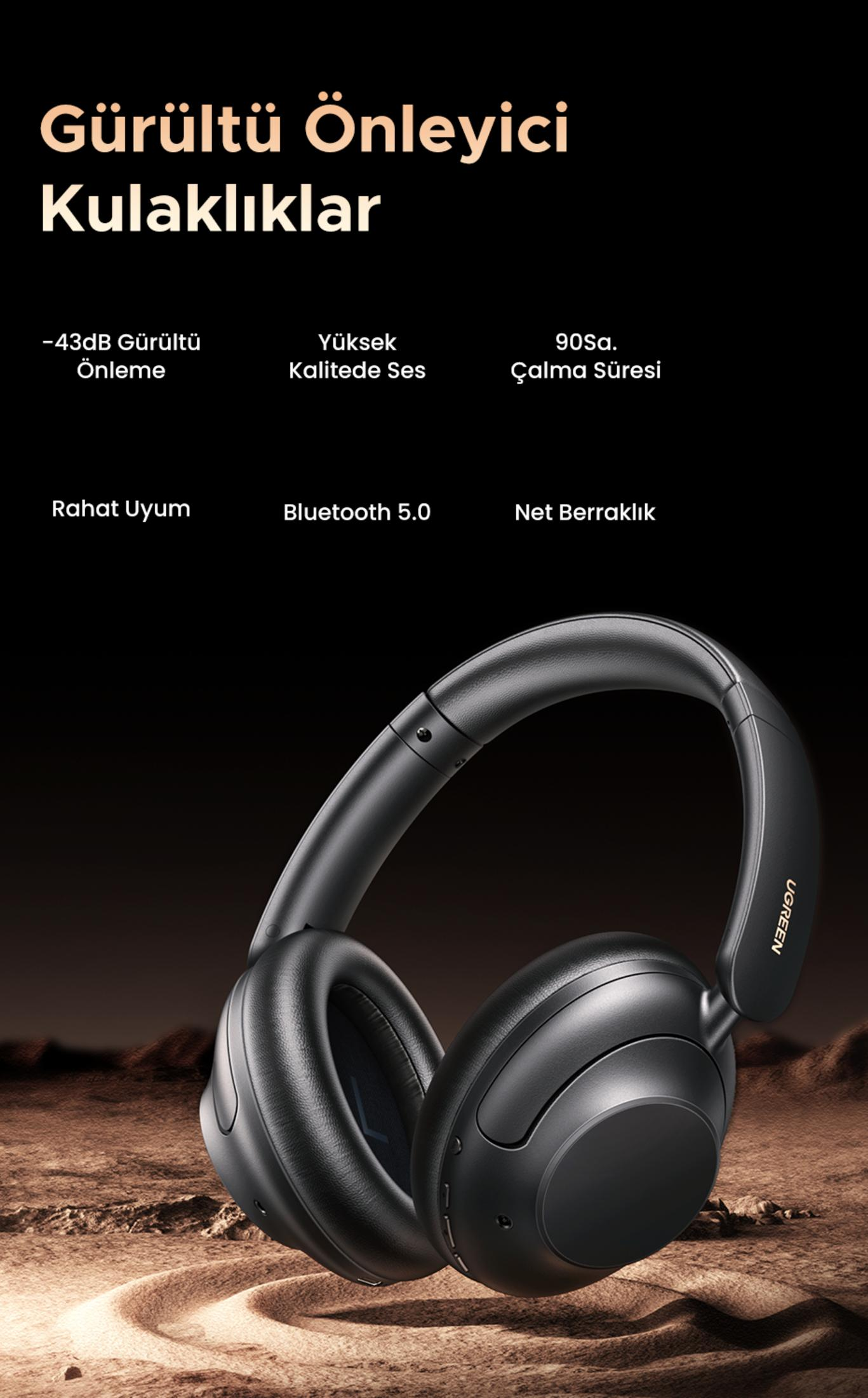 Czarne słuchawki z ANC, wysoka jakość dźwięku, 90h pracy na baterii, Bluetooth 5.0.