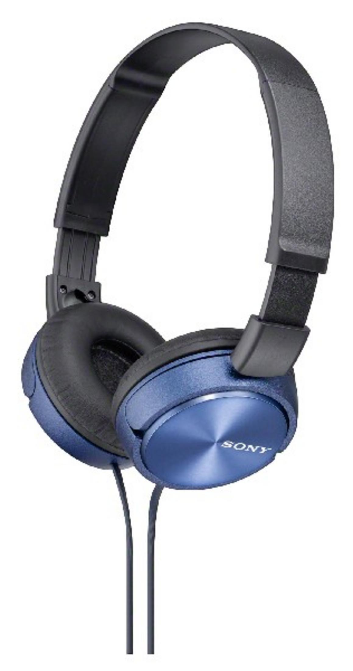 Blue Sony headphones with a black headband and cord on a white background.