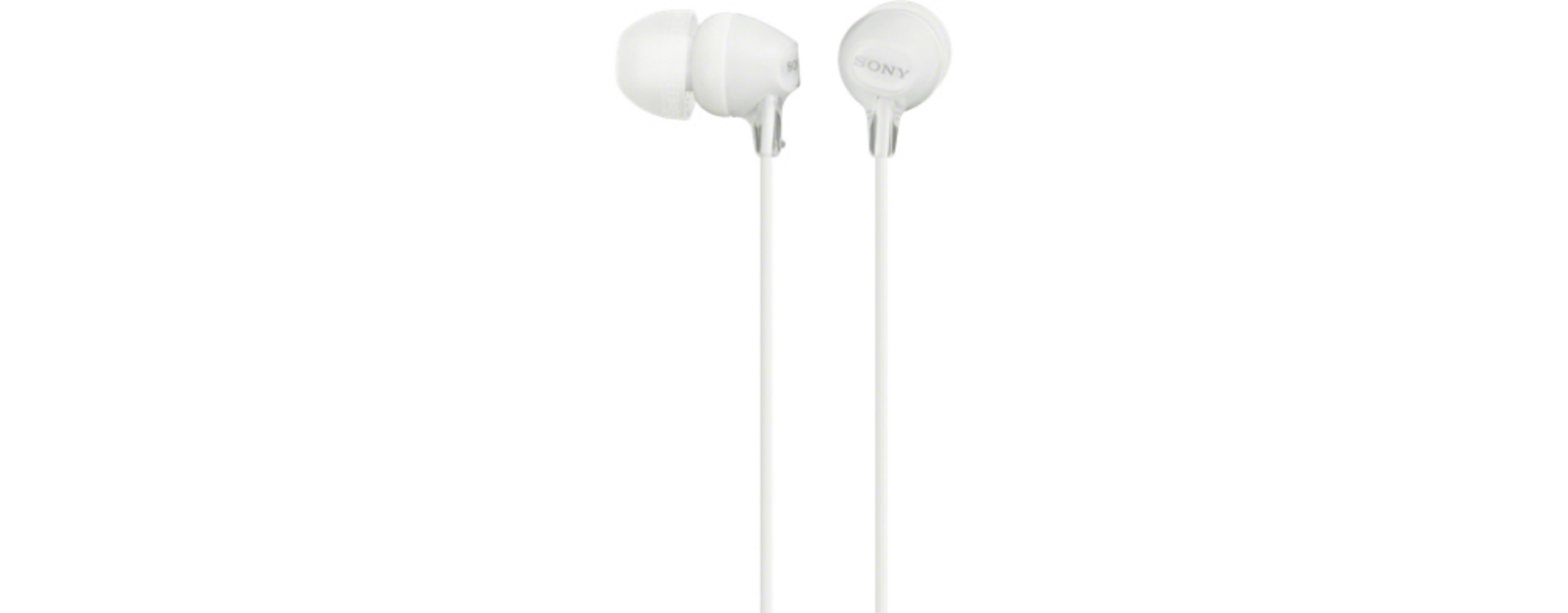 Witte Sony oordopjes met snoer, op witte achtergrond.