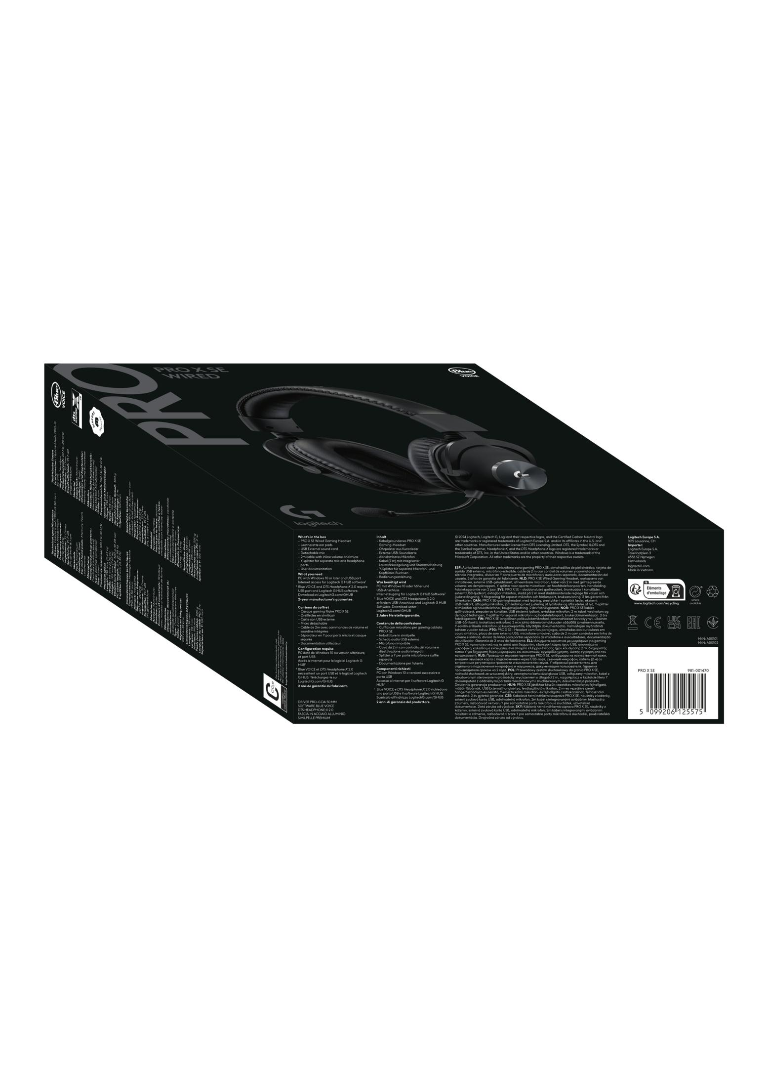 Scatola cuffie gaming cablate Logitech PRO X SE con cuffie e informazioni sul prodotto.