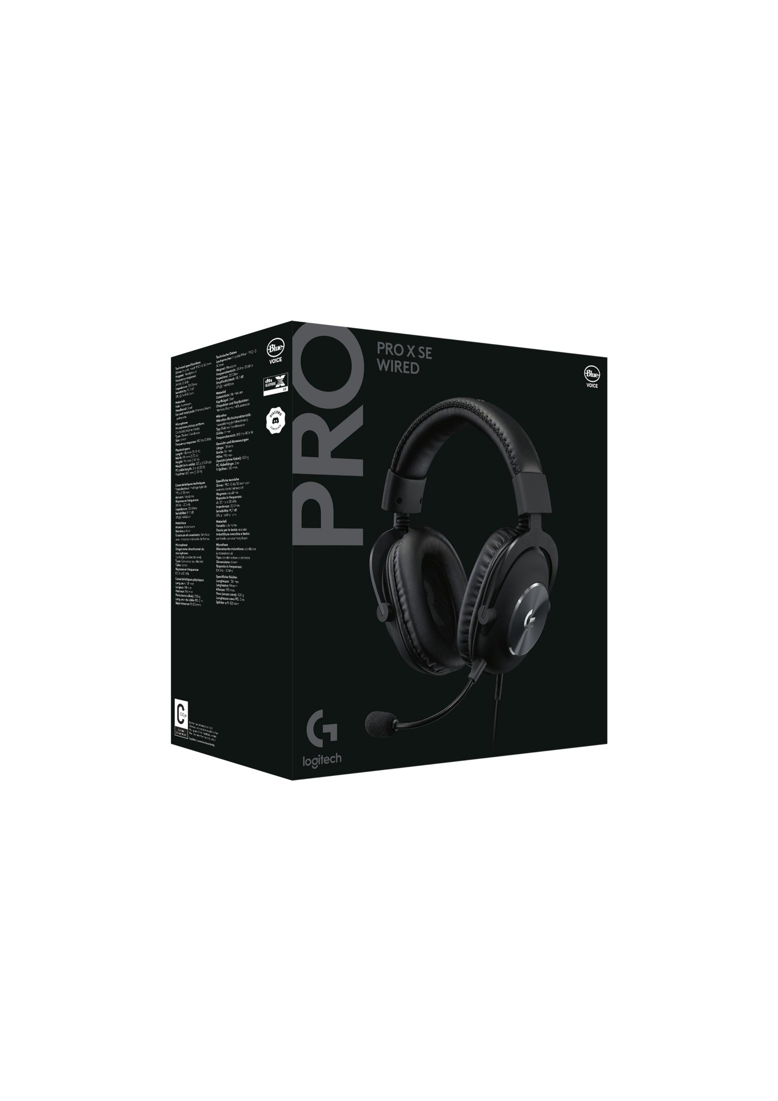 Scatola nera per cuffie Logitech "PRO X SE WIRED" con immagine cuffie.