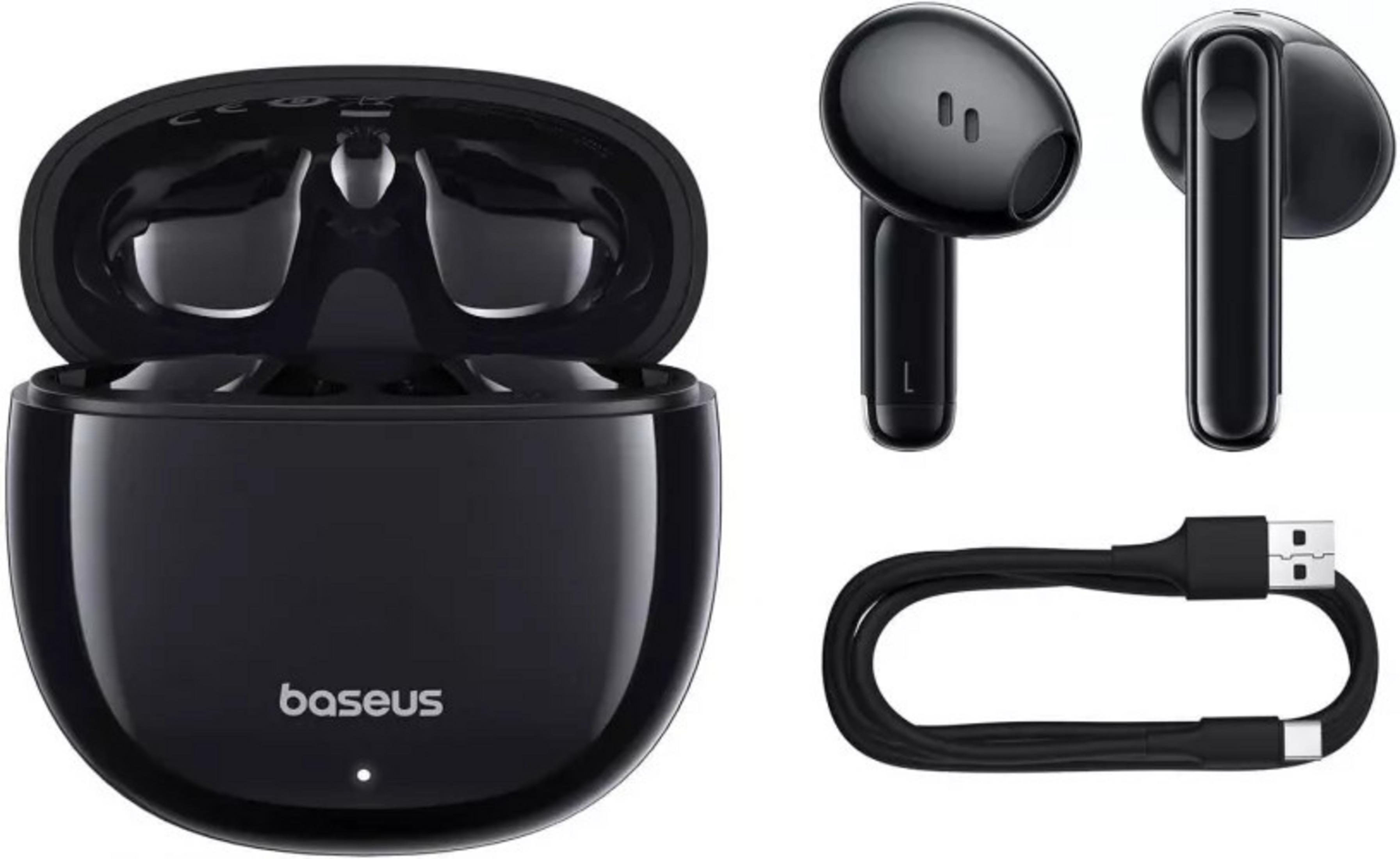 Auriculares inalámbricos negros con estuche de carga y cable USB-C.
