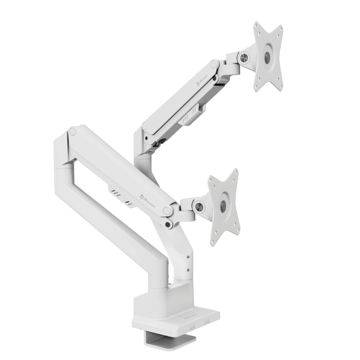 Een witte dubbele monitorarm met klemvoet en twee monitorhouders.