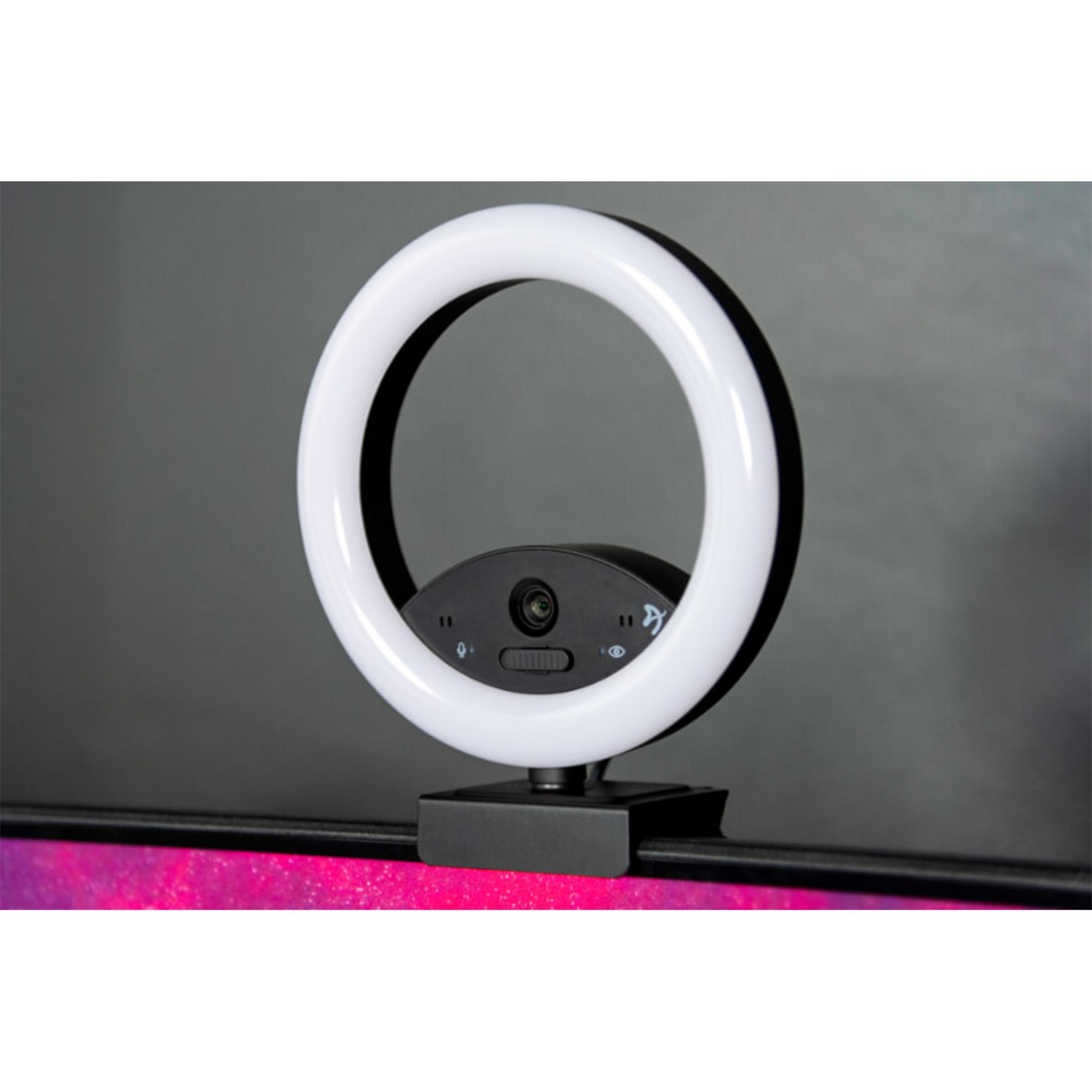 Een ringlicht webcam met clipbevestiging op een scherm.