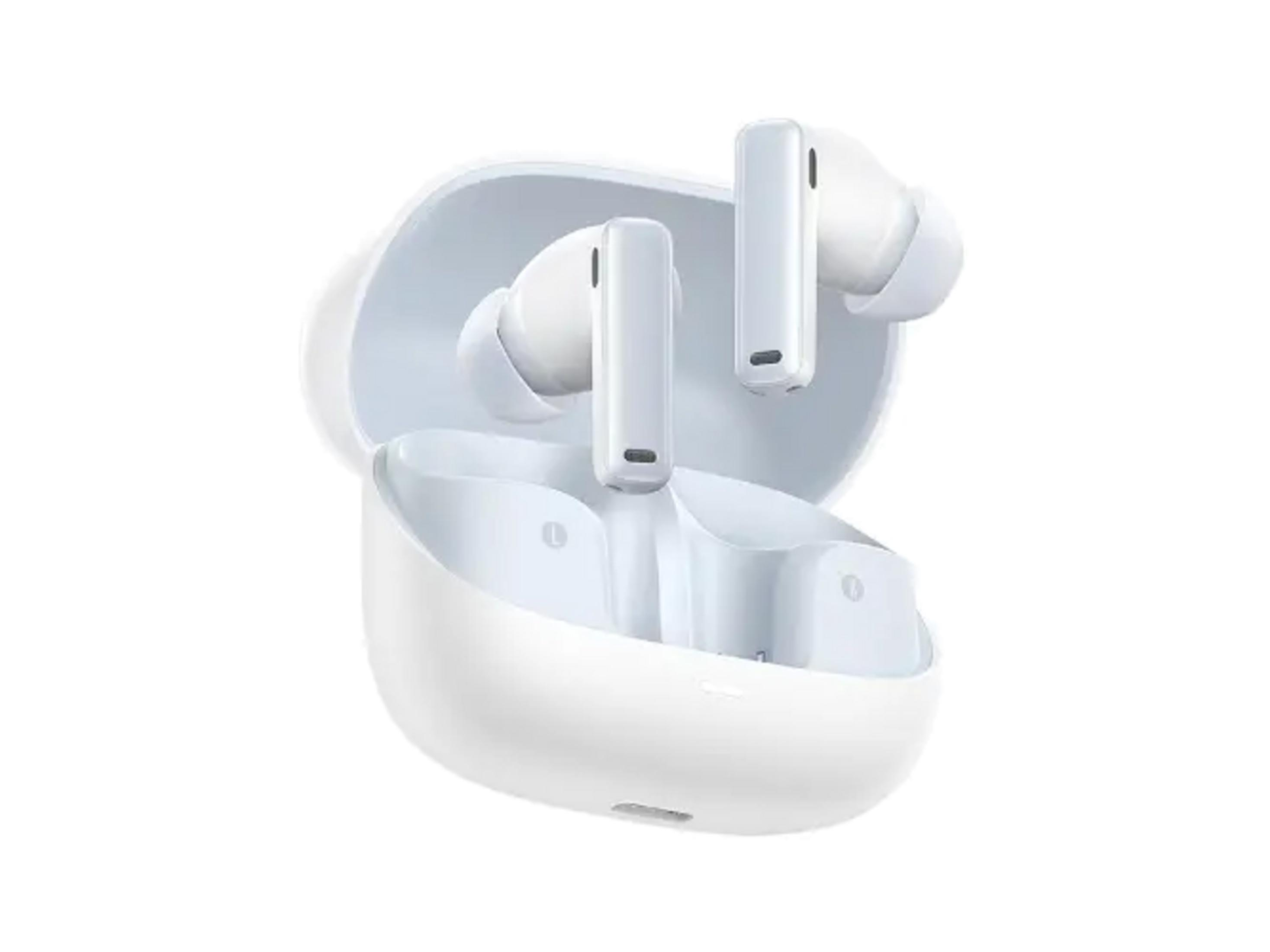Białe słuchawki bezprzewodowe w otwartym białym etui ładującym.