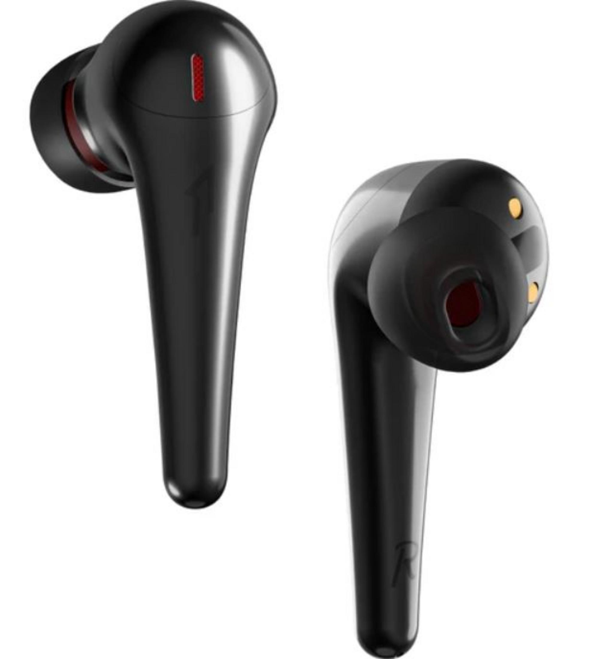 Due auricolari wireless neri lucidi con accenti rossi su sfondo bianco.