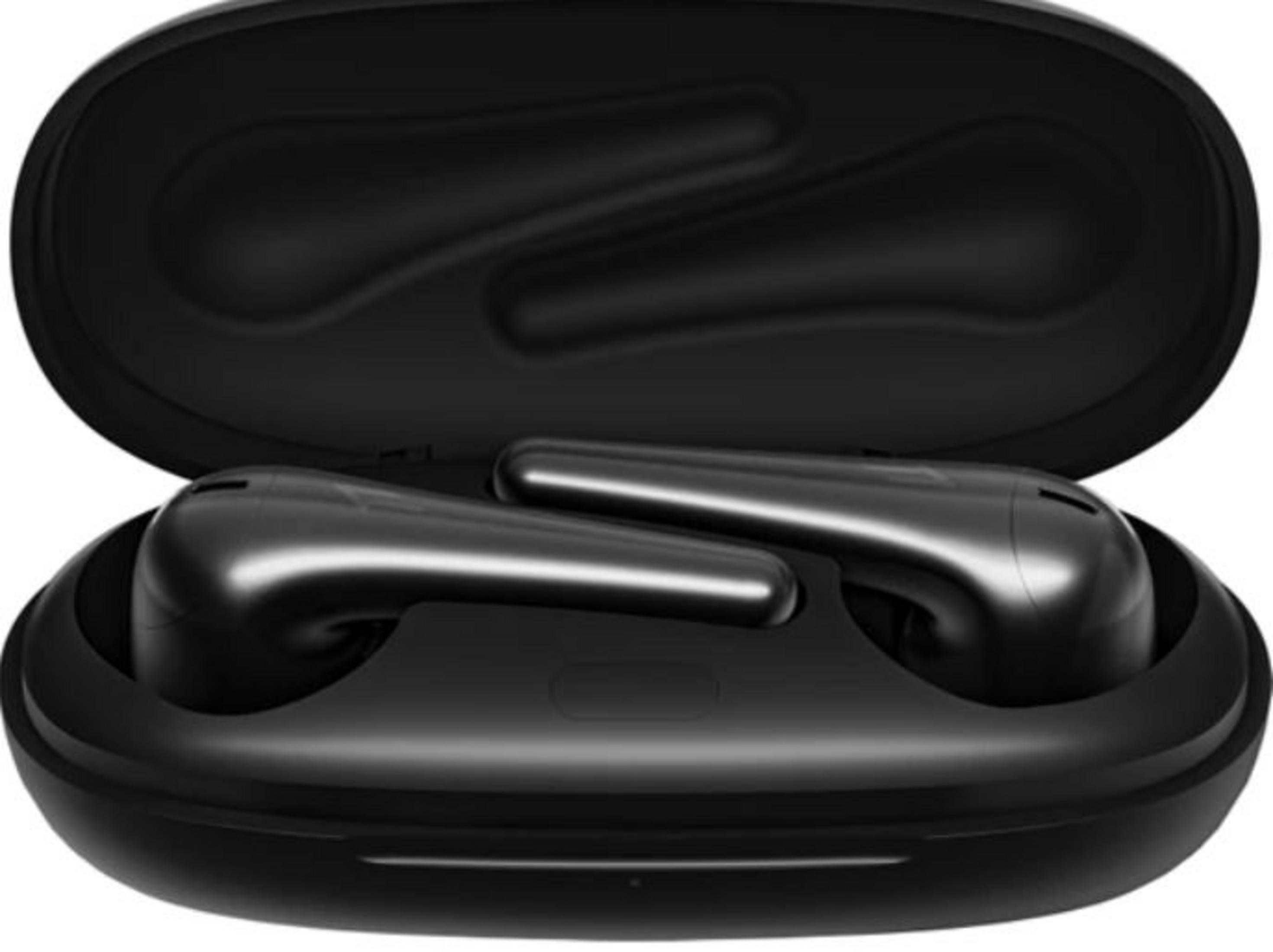 Auricolari wireless neri in custodia di ricarica aperta.