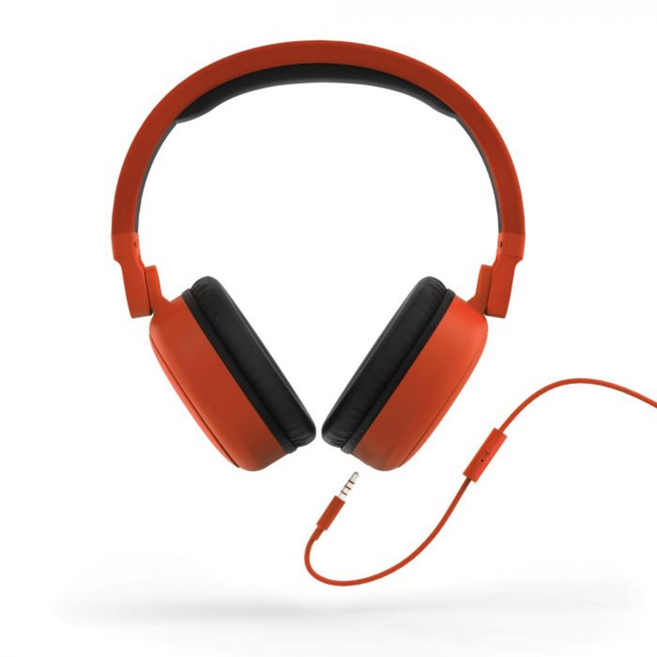 Auriculares naranjas con diadema negra y cable con conector jack.