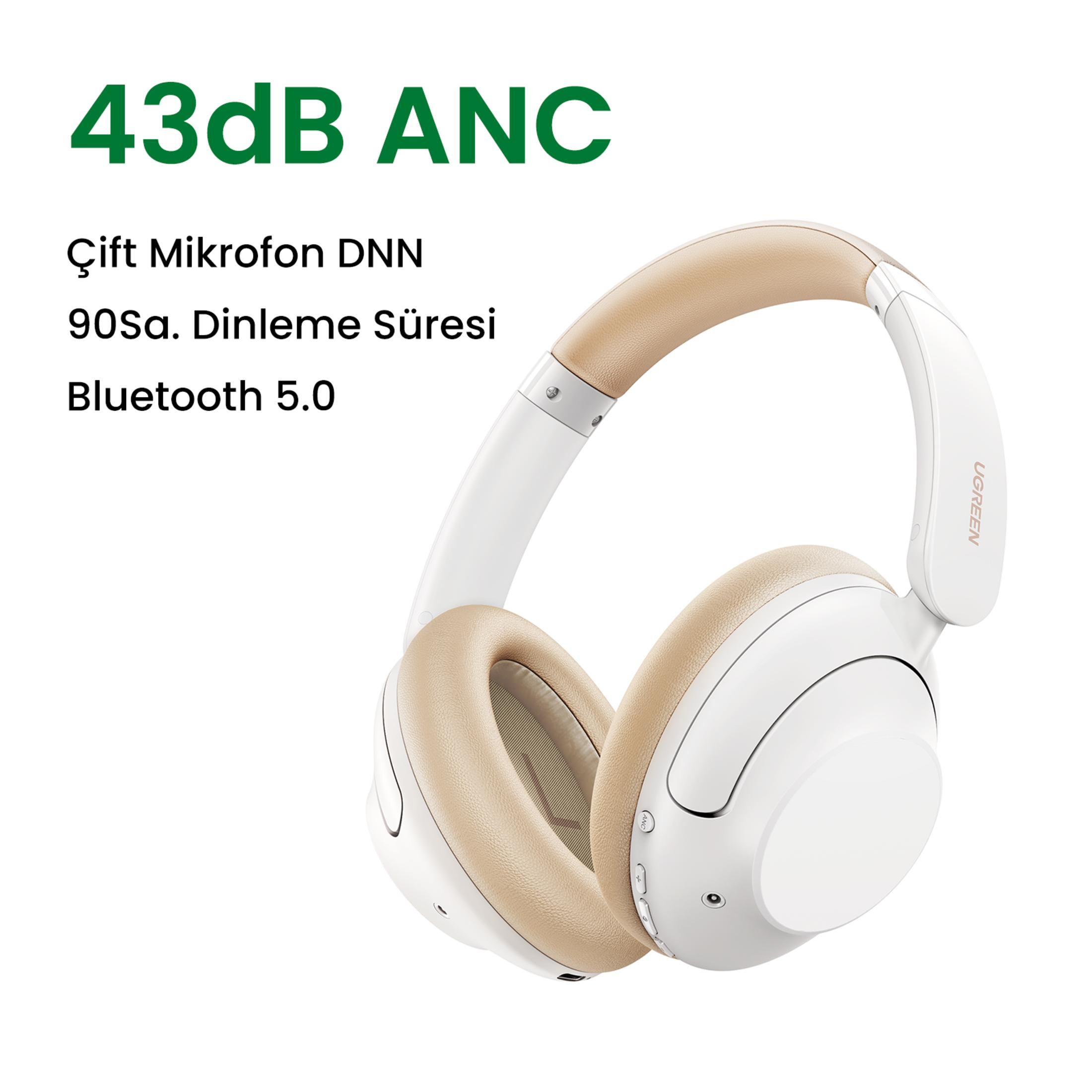 Białe słuchawki z beżowymi nausznikami i srebrnymi detalami.