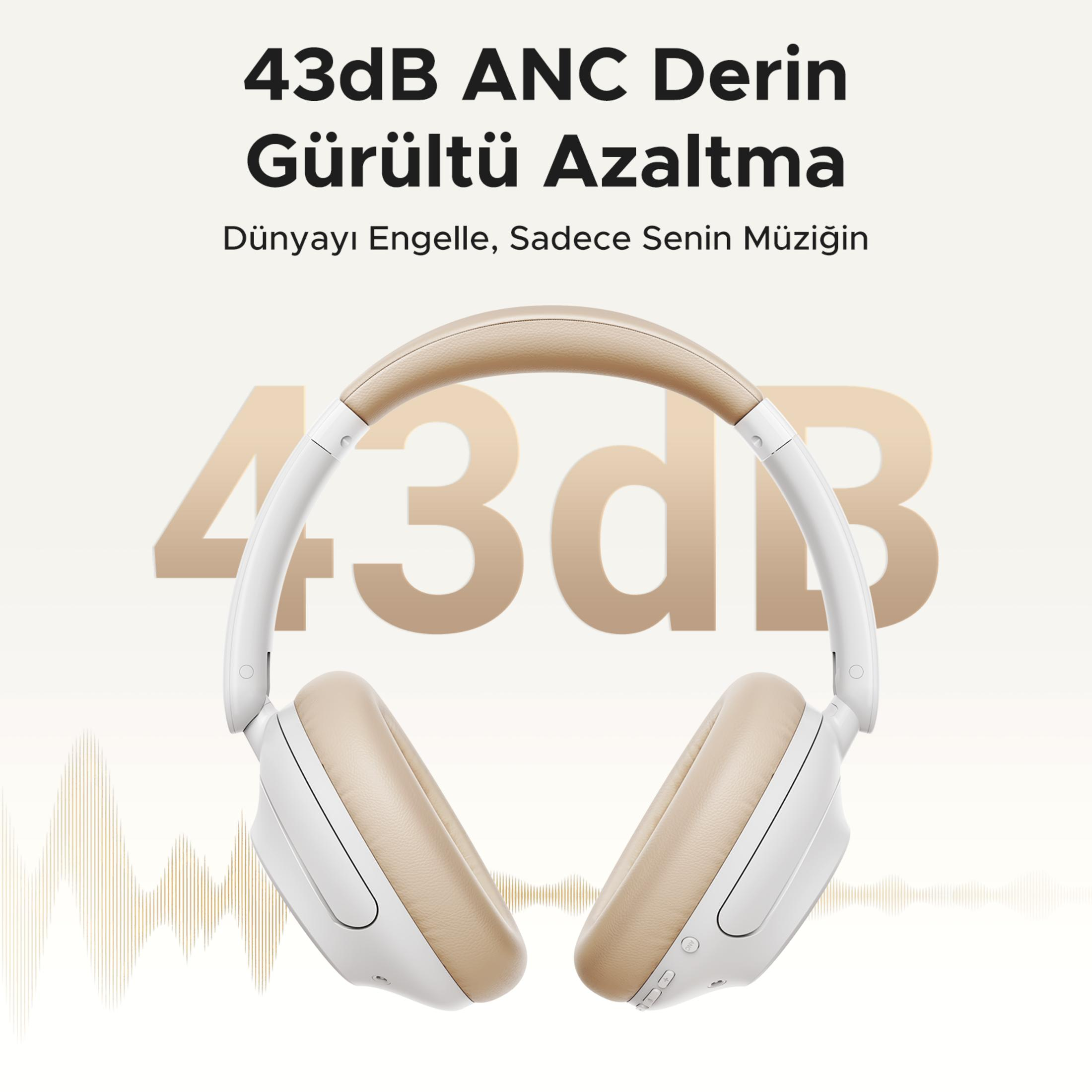 Białe słuchawki z beżowymi nausznikami i dużym napisem 43dB.