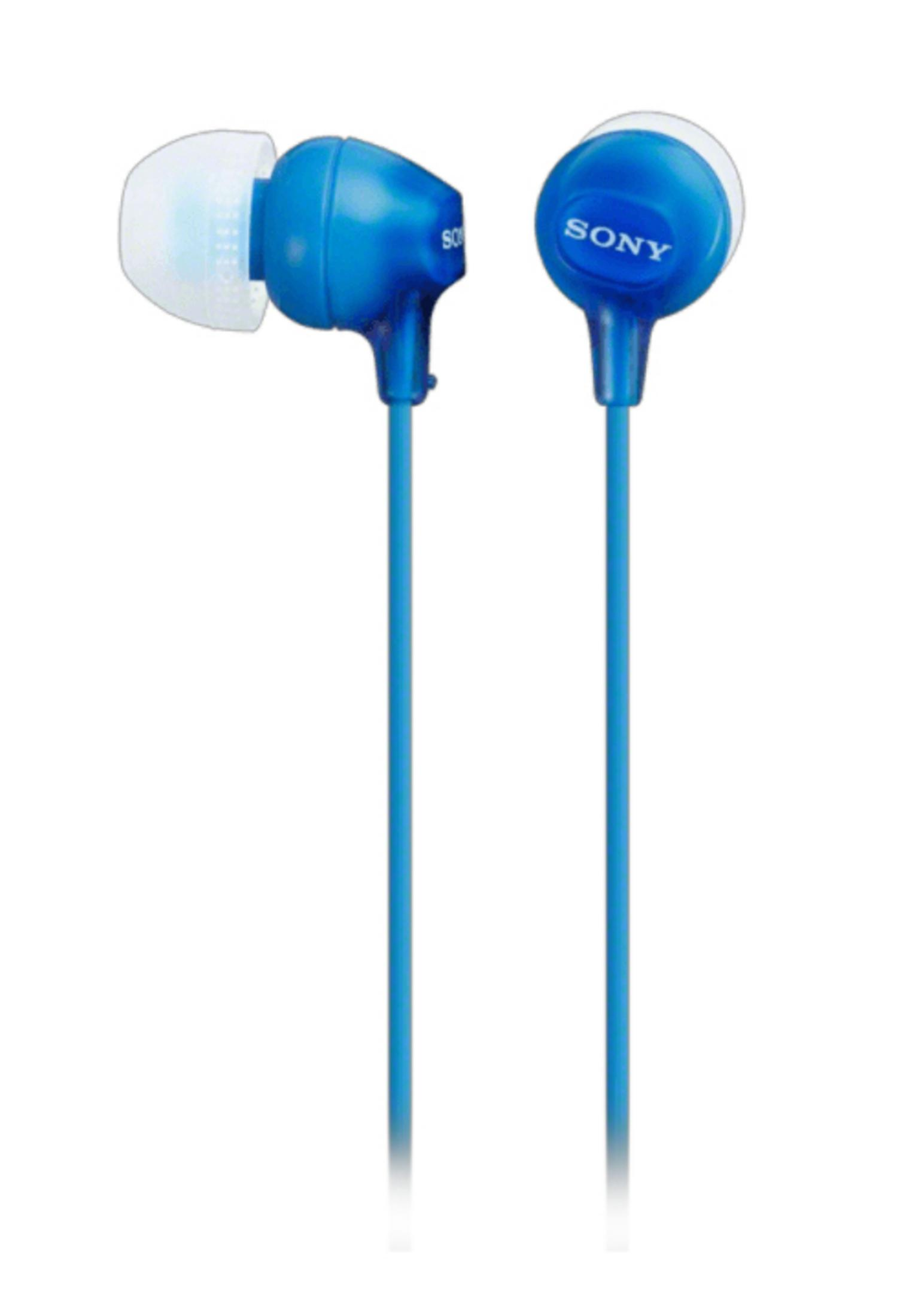 Écouteurs intra-auriculaires Sony bleus avec embouts blancs et câbles.