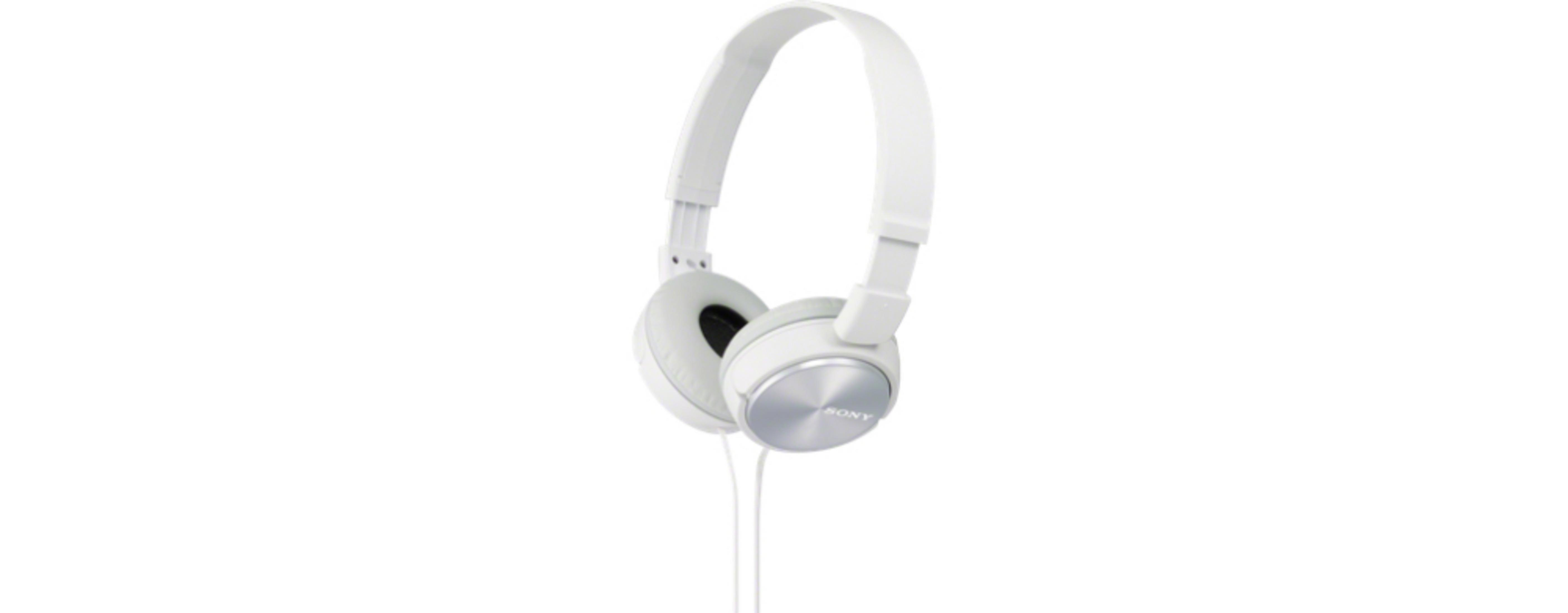 Auriculares Sony blancos con detalles plateados y cable.
