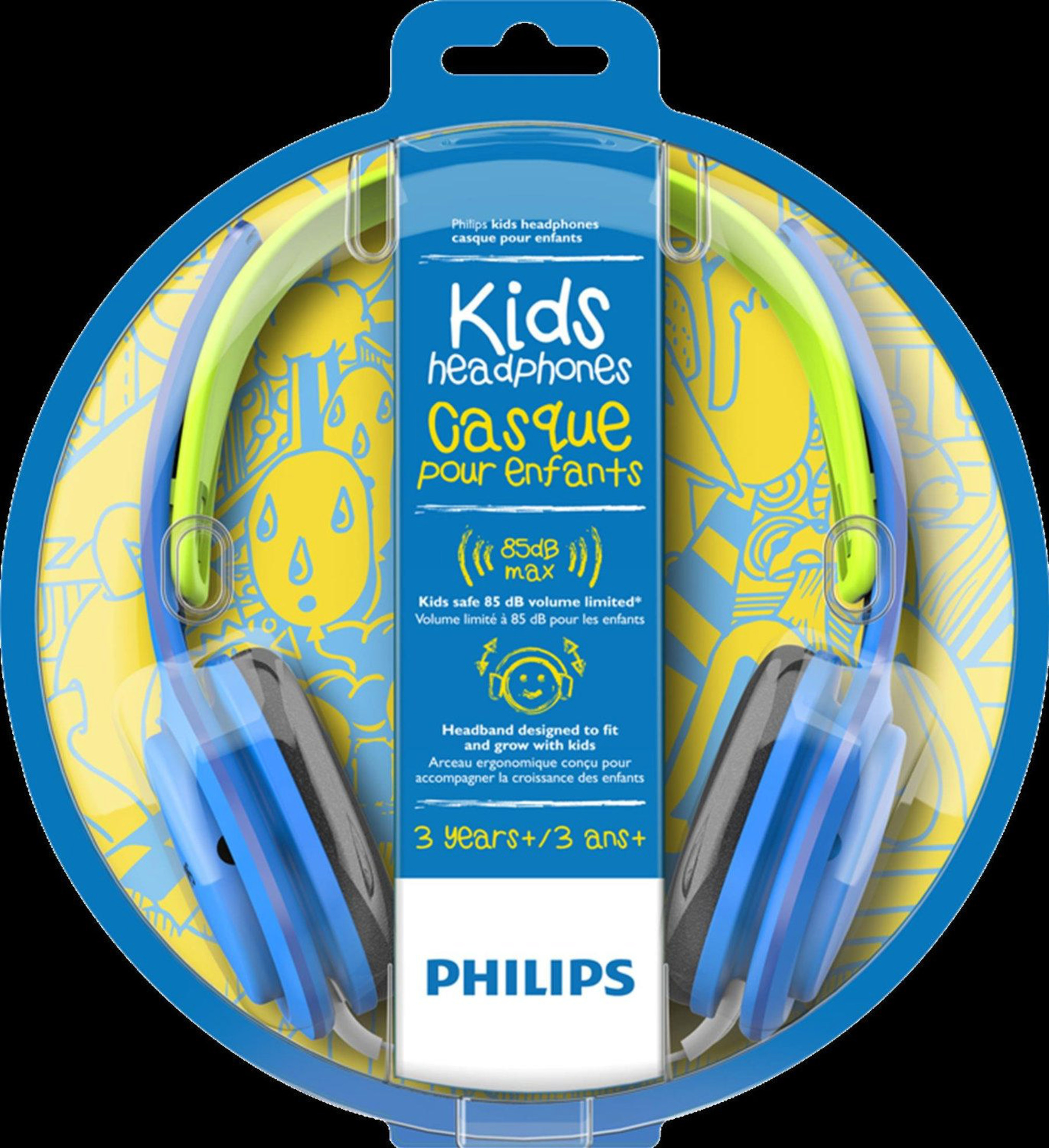 Blaue und grüne Philips Kinderkopfhörer in Verpackung mit gelbem Muster.