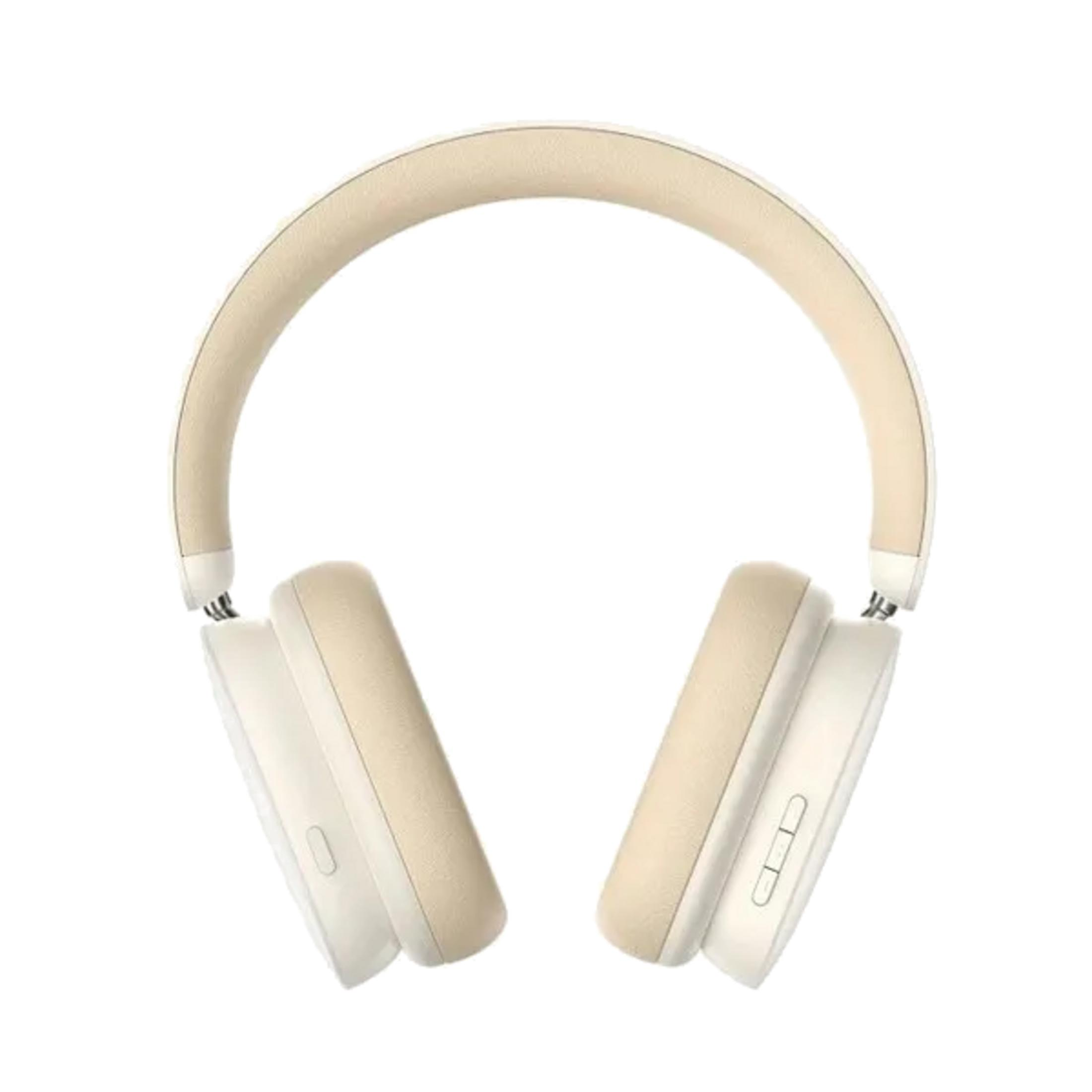 Beżowo-białe słuchawki z wyściełanym pałąkiem i nausznikami.