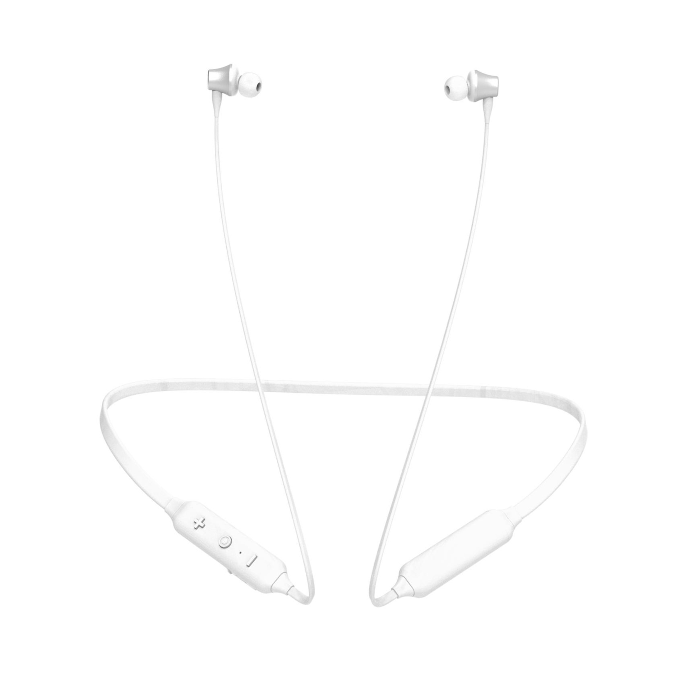 Cuffie bianche da collo con controlli su un auricolare.