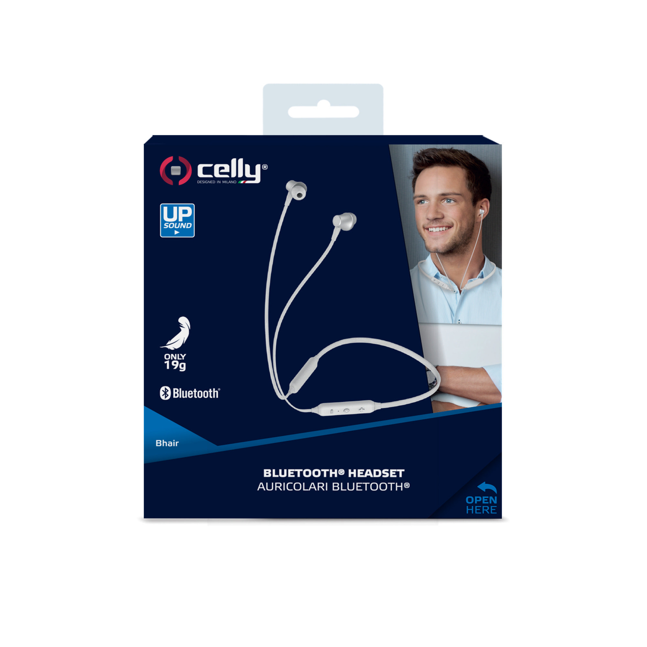 Confezione Celly headset Bluetooth con uomo e auricolari.