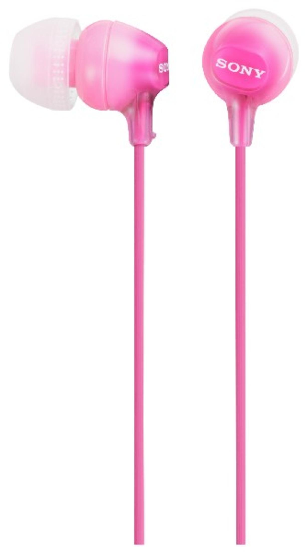 Dos auriculares Sony rosas con puntas translúcidas, sobre fondo blanco.