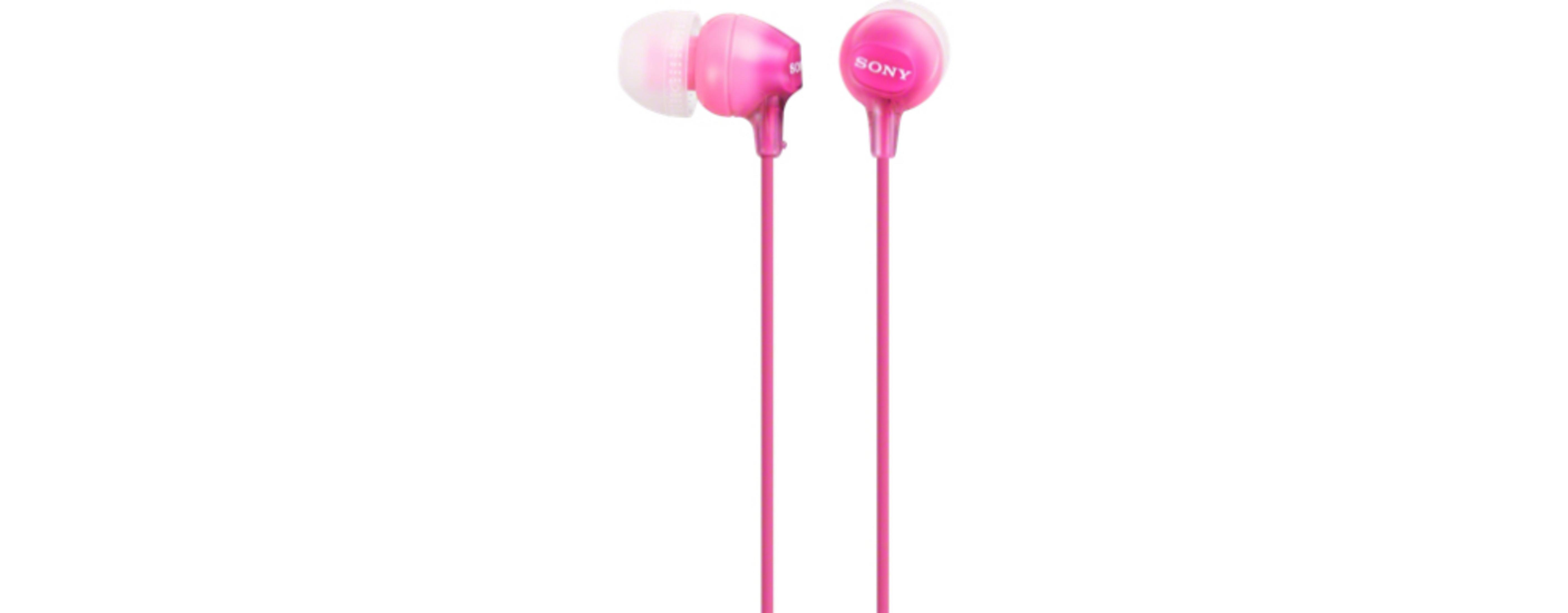 Dos audífonos Sony rosas con cables sobre fondo blanco.
