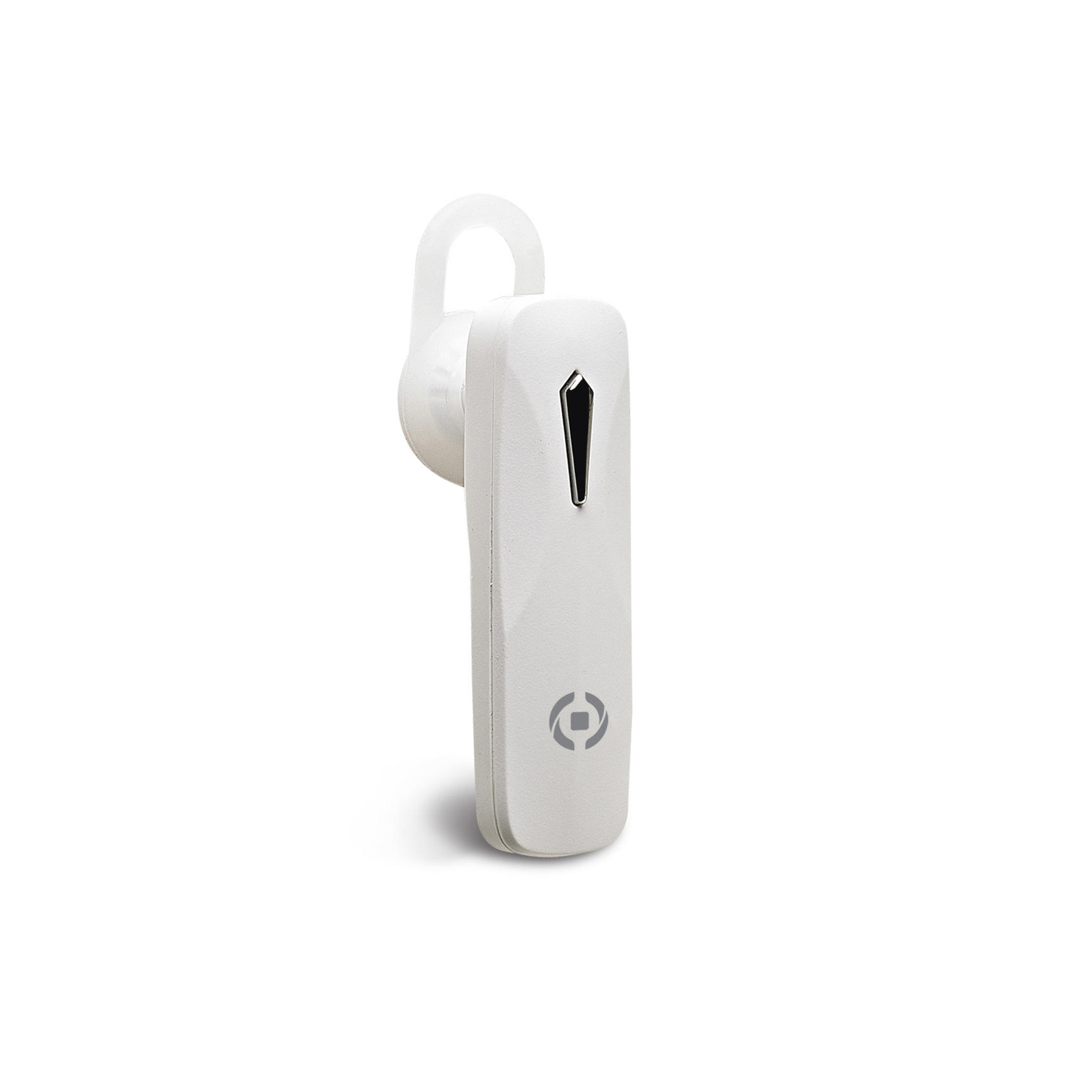 Un auricolare Bluetooth bianco con accento nero e logo.