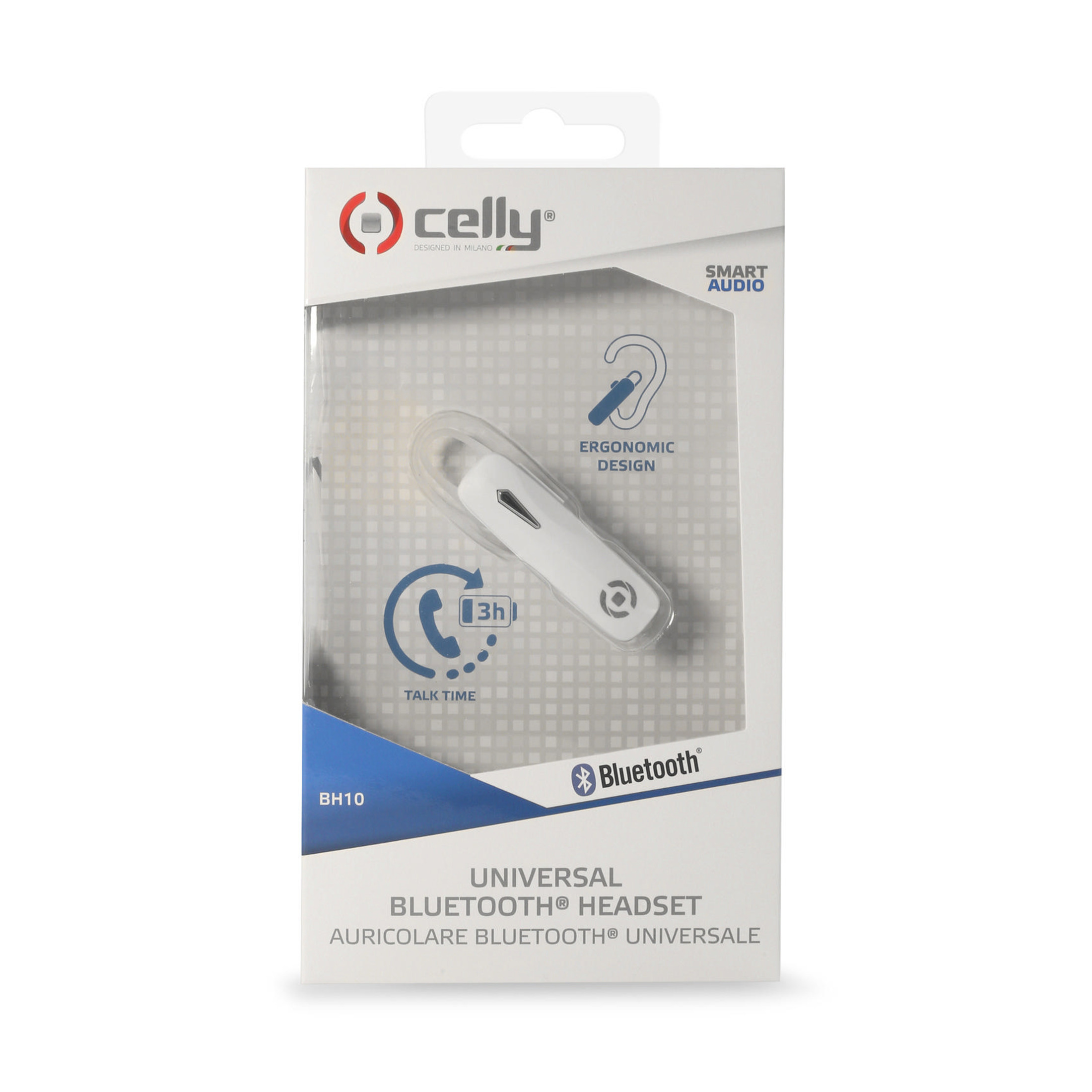 Confezione auricolare Bluetooth bianca con auricolare e simbolo Bluetooth.