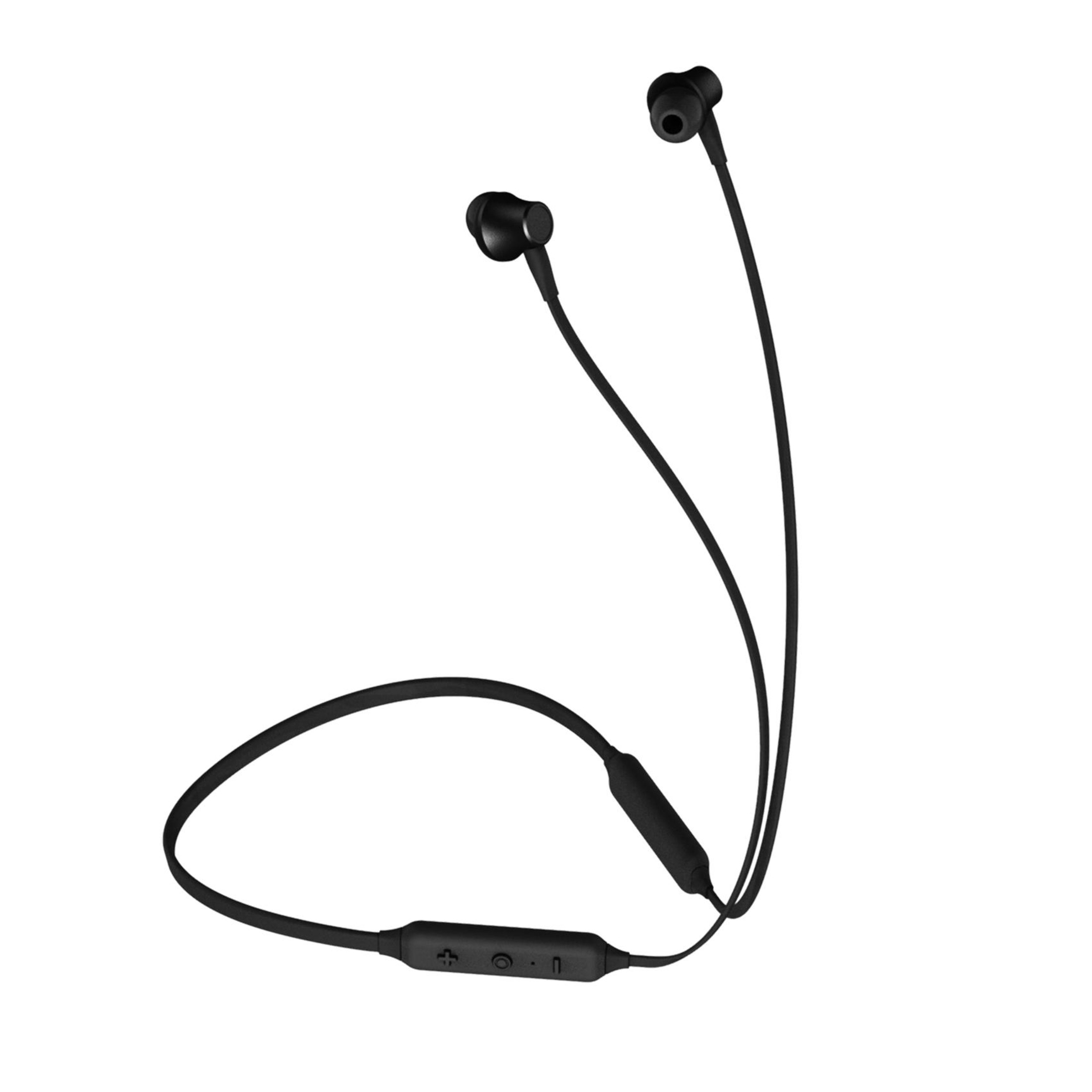 Schwarze kabellose Kopfhörer mit In-Ear-Stöpseln und Steuerungsmodul.