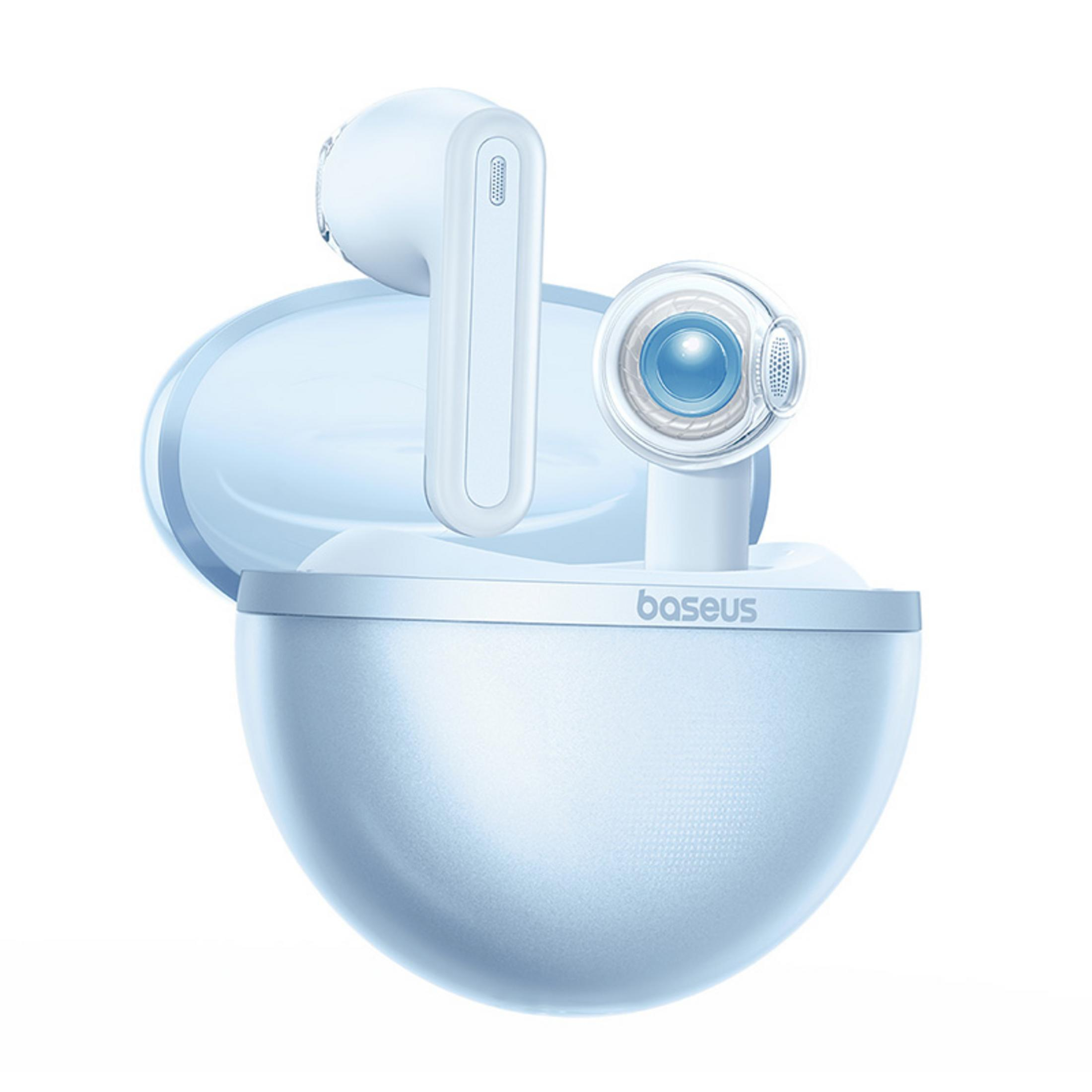 Białe słuchawki bezprzewodowe z jasnoniebieskim etui ładującym.