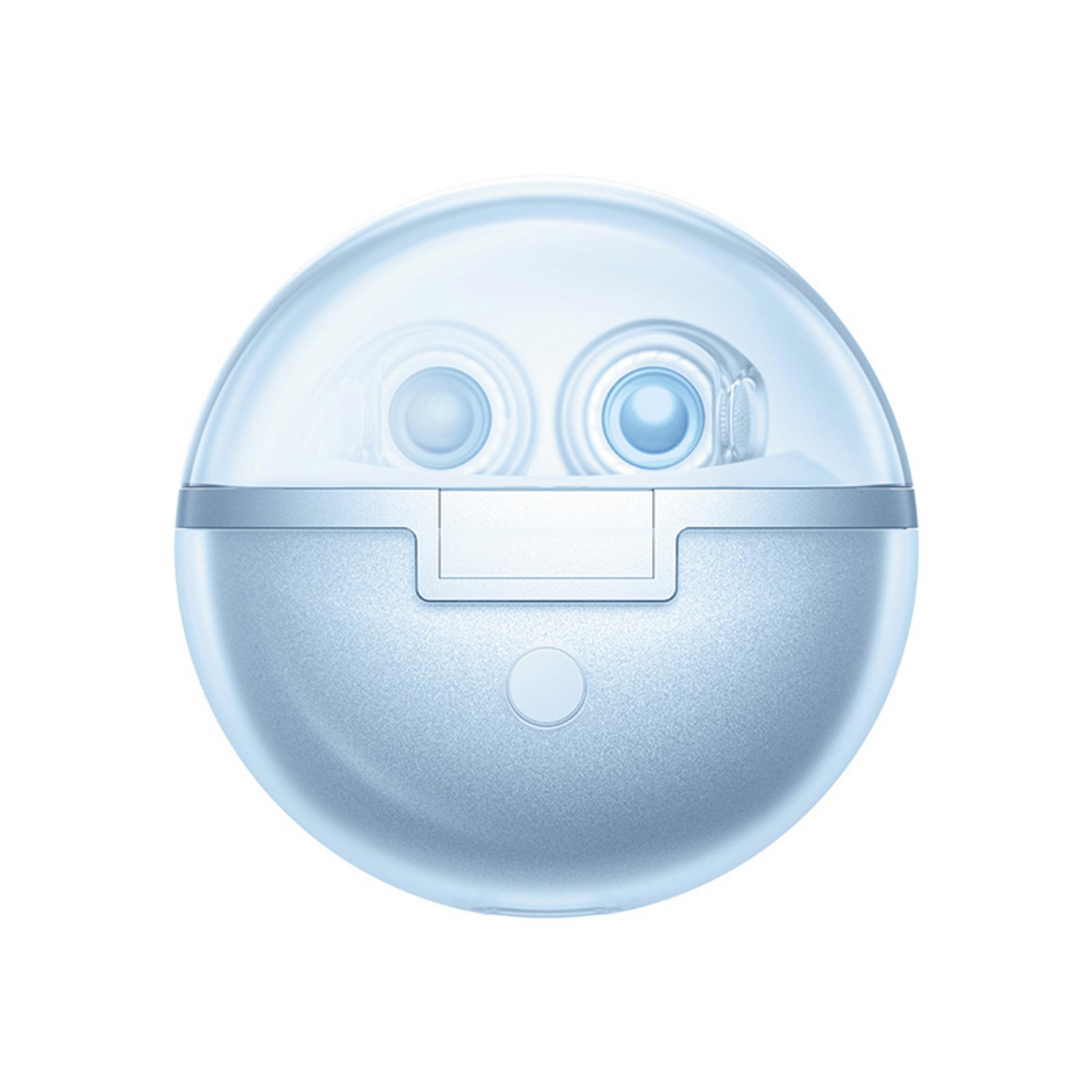 Okrągły, jasnoniebieski pojemnik z przezroczystą górą, pokazujący dwie małe komory.