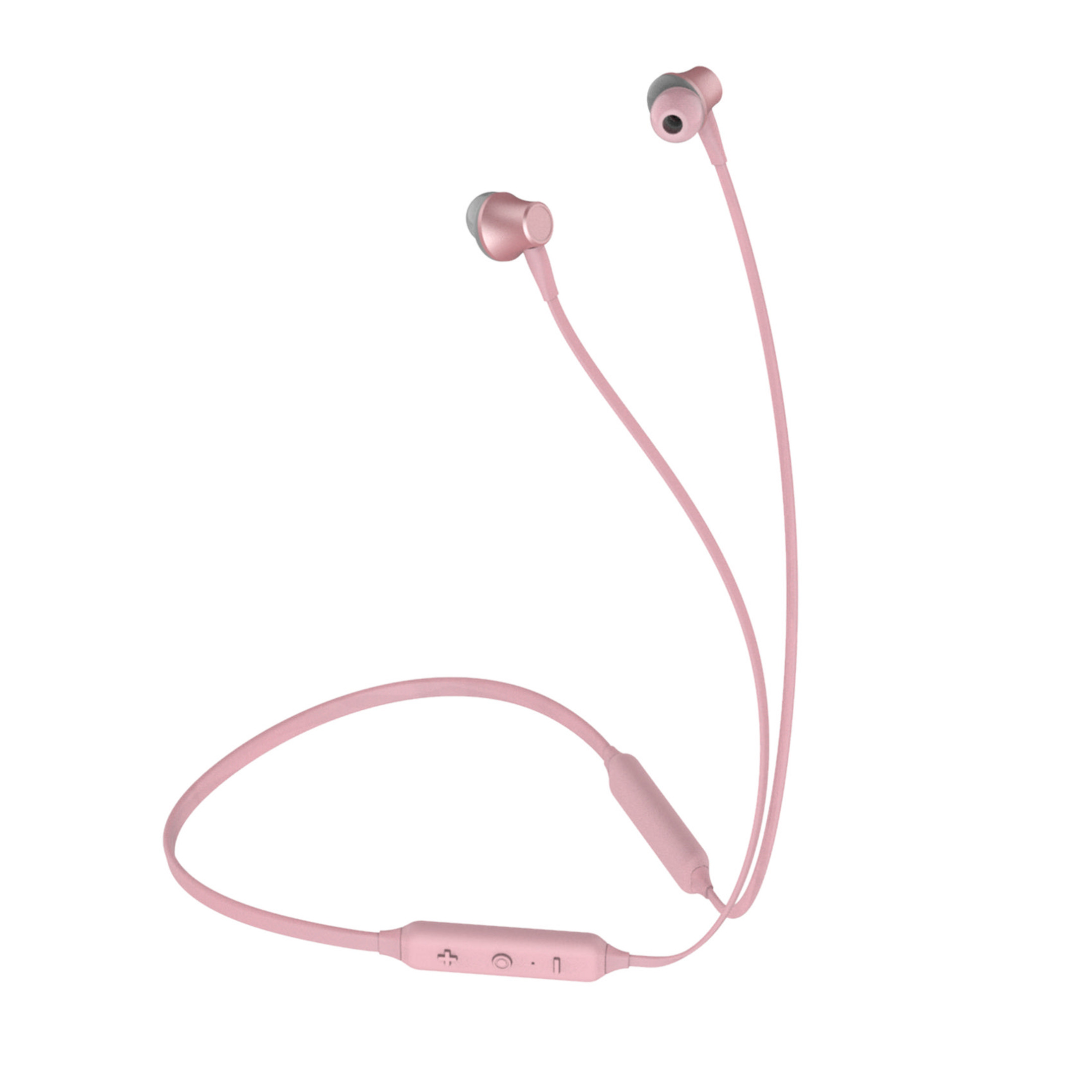 Cuffie in-ear rosa con cavo e controlli sul cavo.