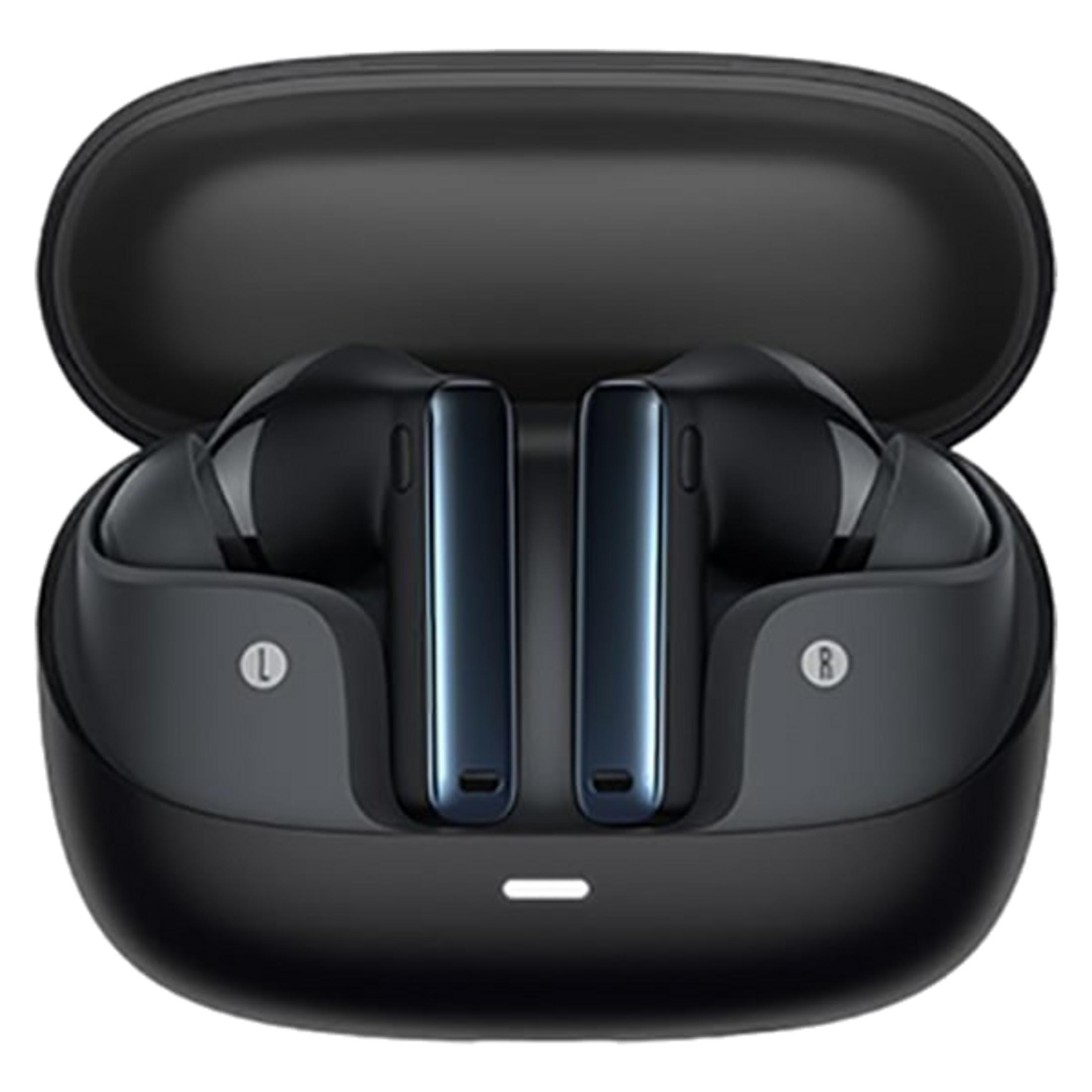 Czarne słuchawki bezprzewodowe w otwartym etui ładującym z niebieskimi akcentami.