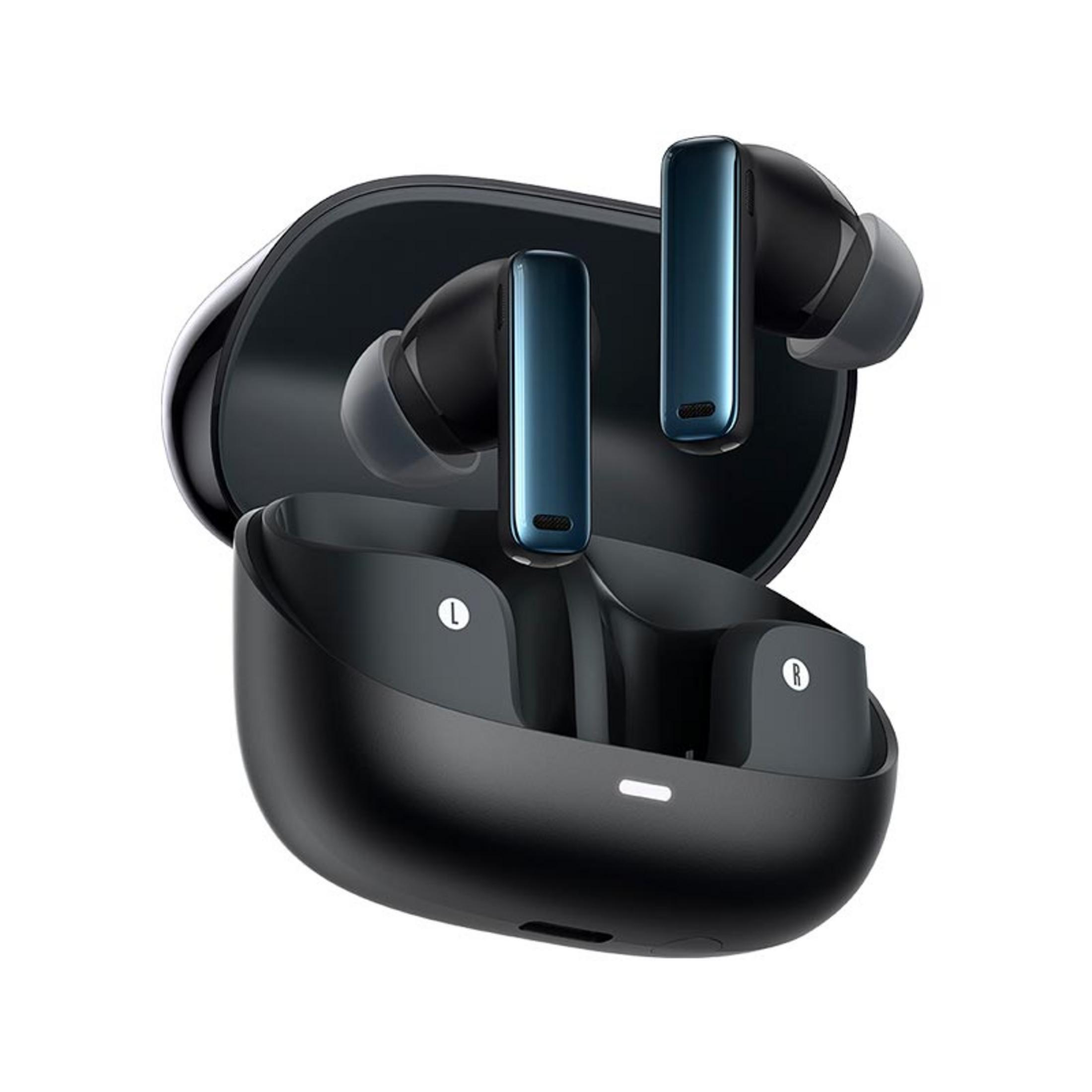 Czarne etui ładujące z dwoma niebieskimi słuchawkami bezprzewodowymi.