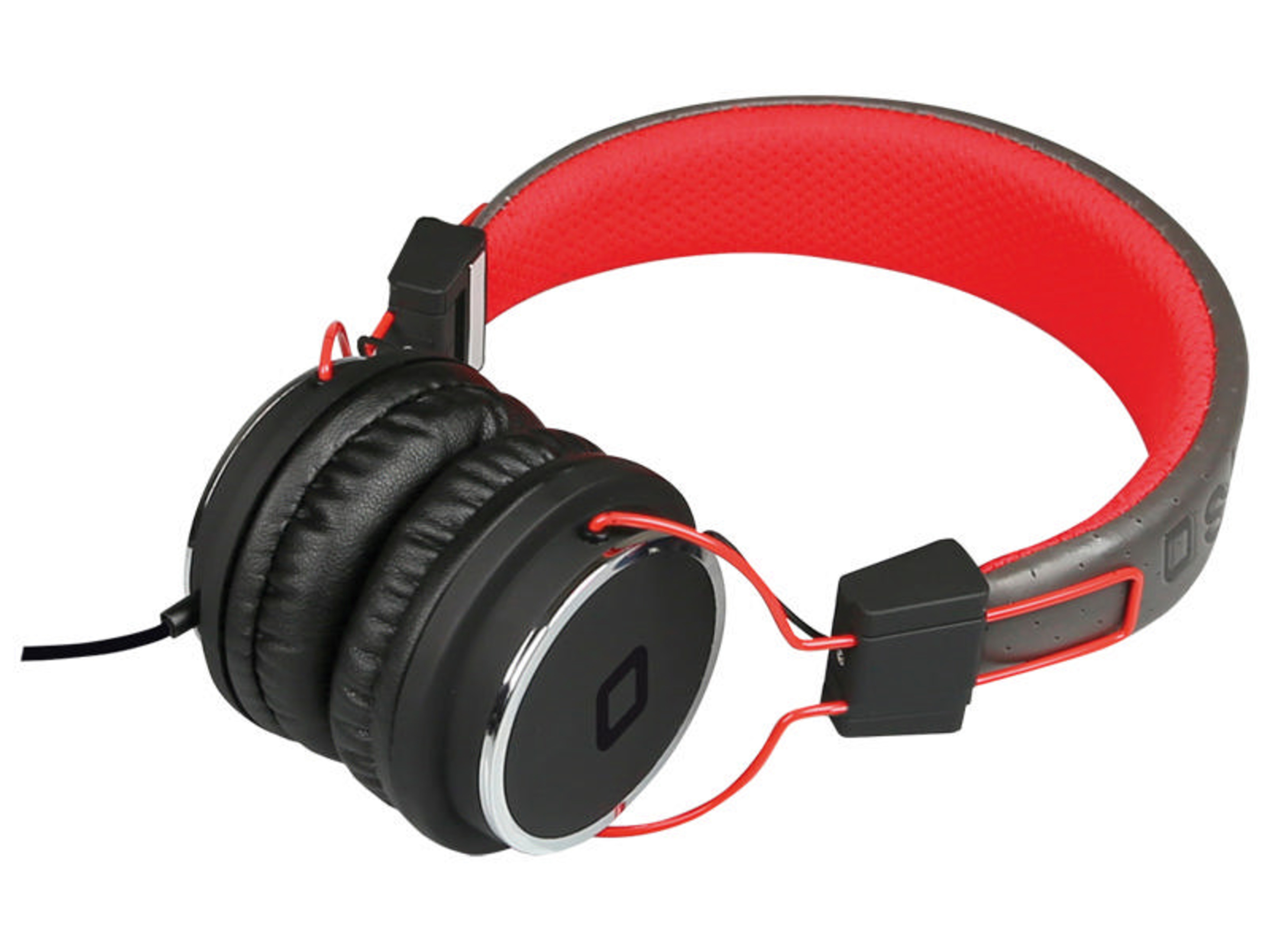 Auriculares negros con diadema roja y cable rojo sobre fondo blanco.