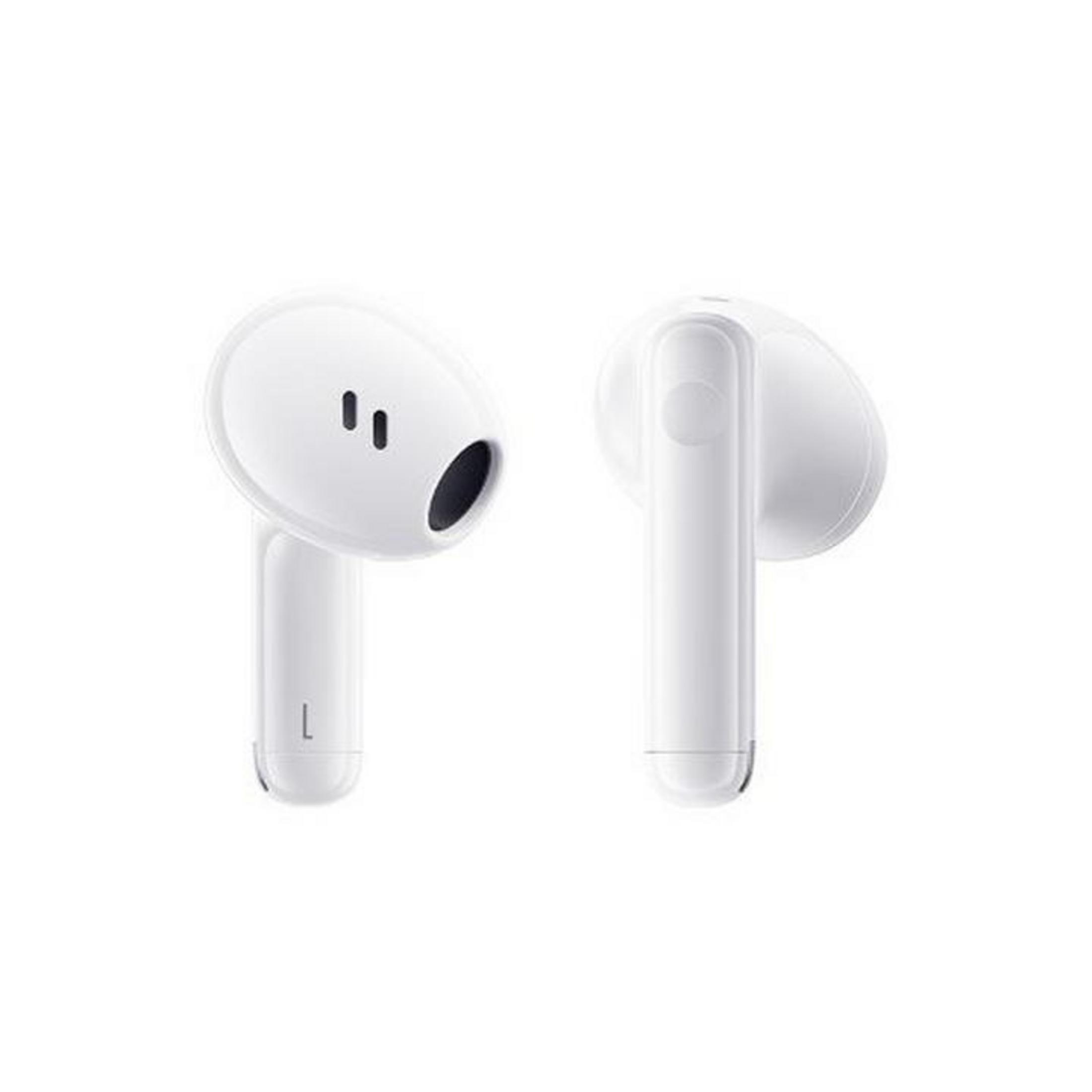 Due auricolari bianchi su sfondo bianco. Uno ha il segno 'L'.