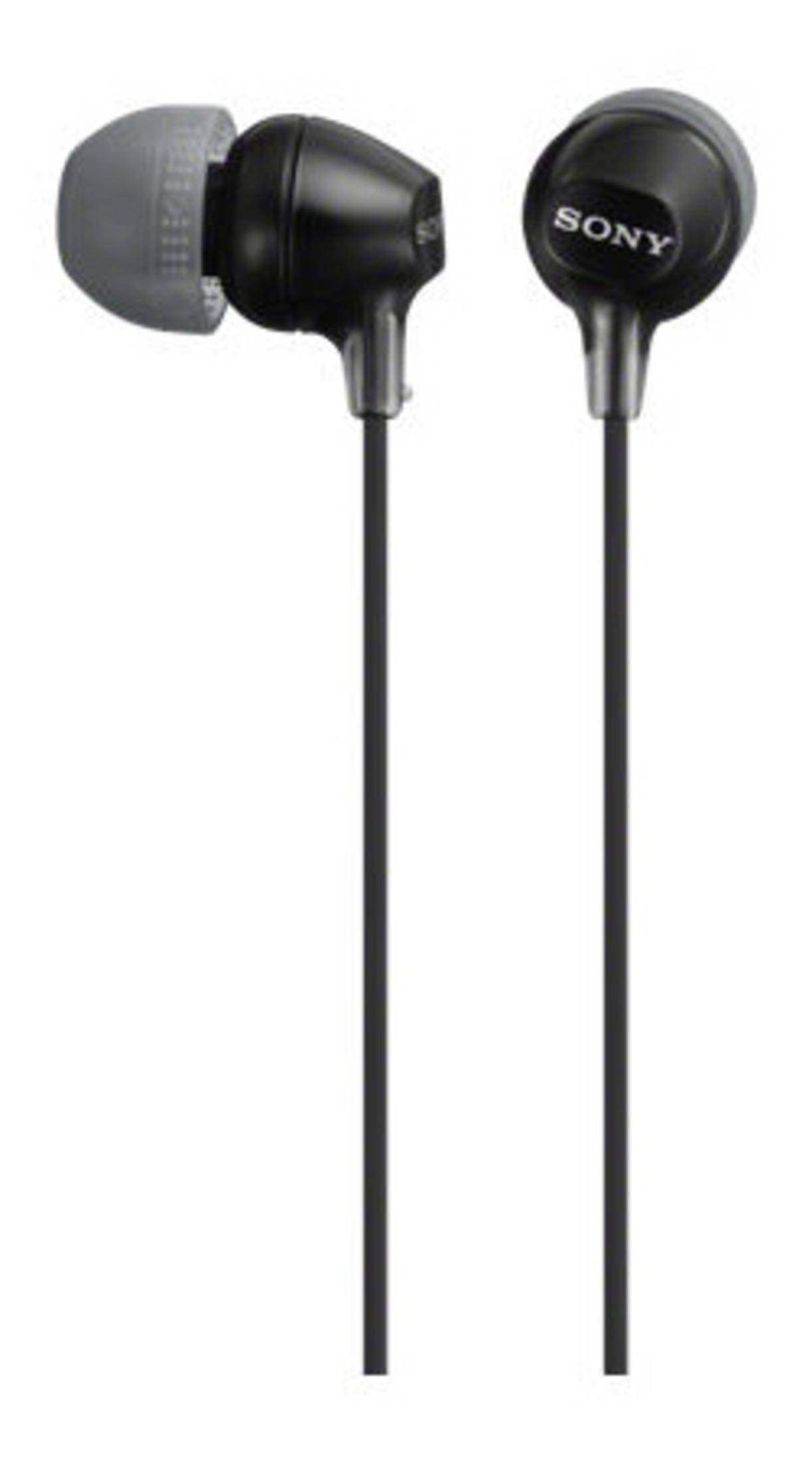 Zwarte Sony in-ear oordopjes met grijze oordopjes op witte achtergrond.