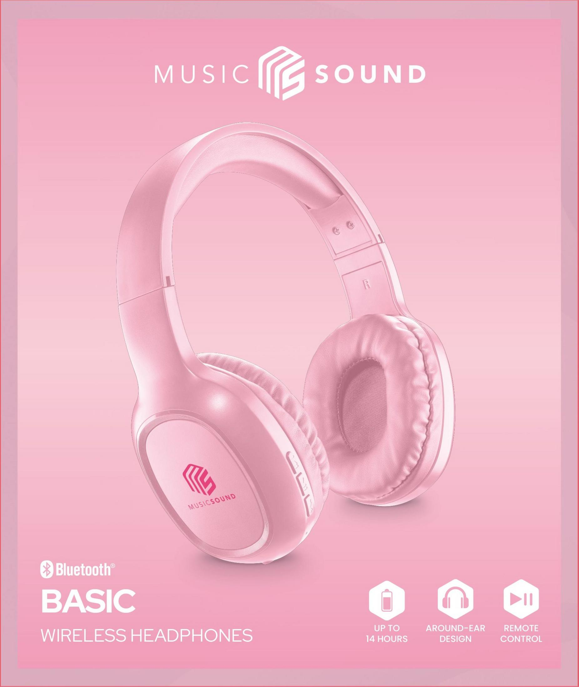 Casque Bluetooth rose supra-auriculaire avec logo MusicSound et fonctions.