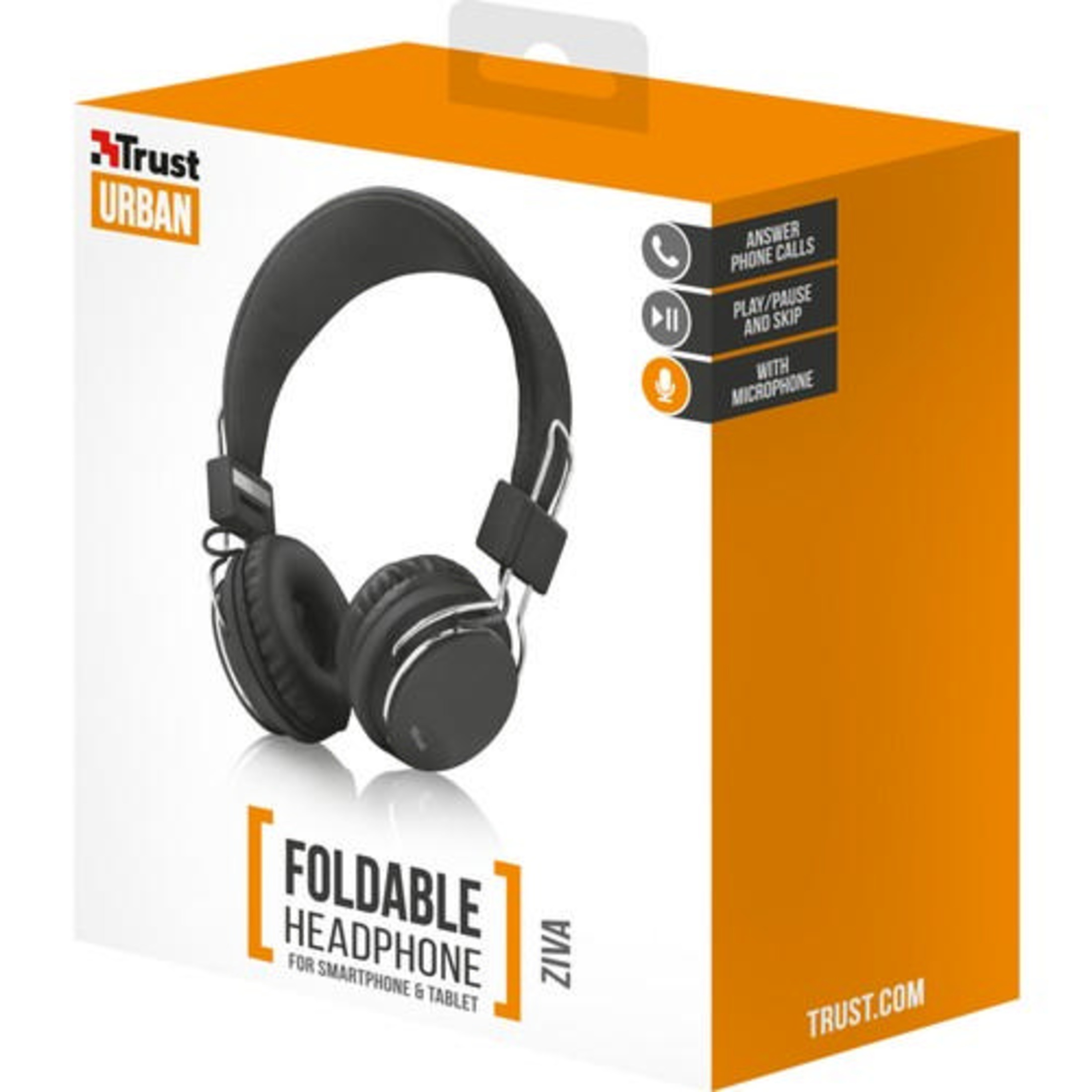 Czarne składane słuchawki z mikrofonem na pomarańczowo-białym pudełku.